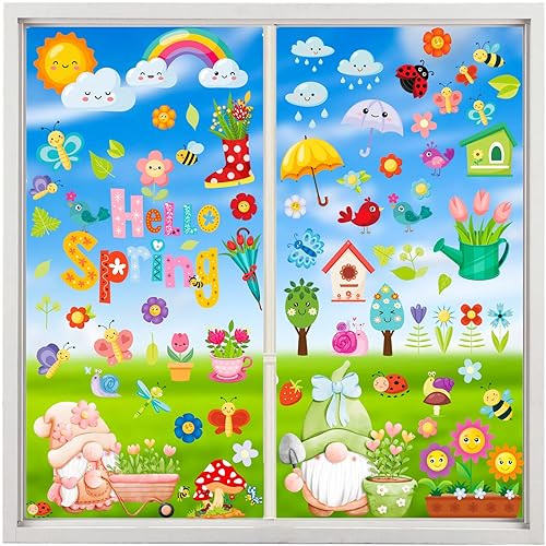 QNTCCX Spring Window Clings Hello-Spring Stickers - 115pcs Flowers Butterfly
