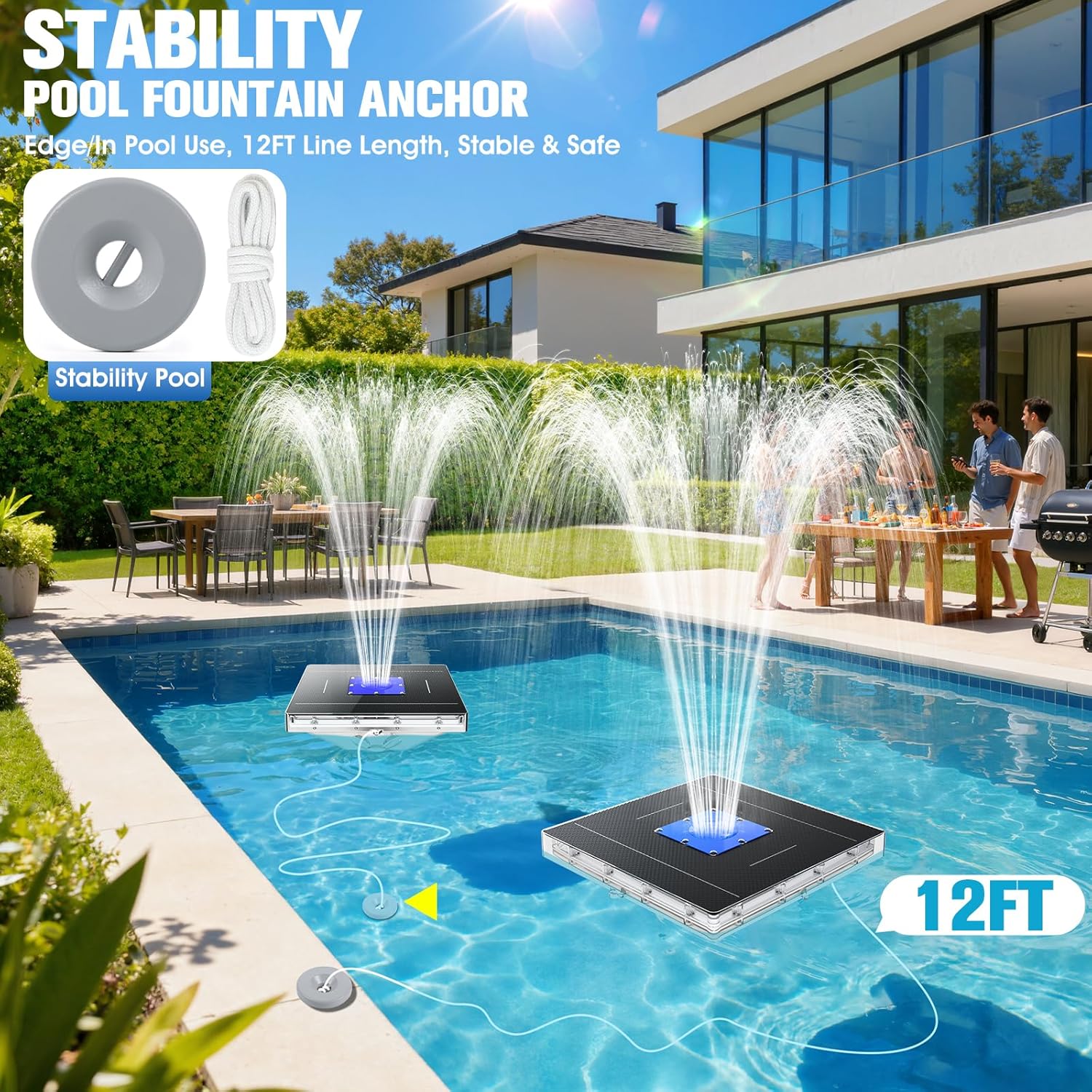 Patent Solar Fountain,Floating Solar Pool Fountain with 9 Lights&Anchor,Large Solar Powered Water Fountain for Above Ground Pool Fountain Pump, Waterproof Floating Fountain for Pool-Dark Blue
