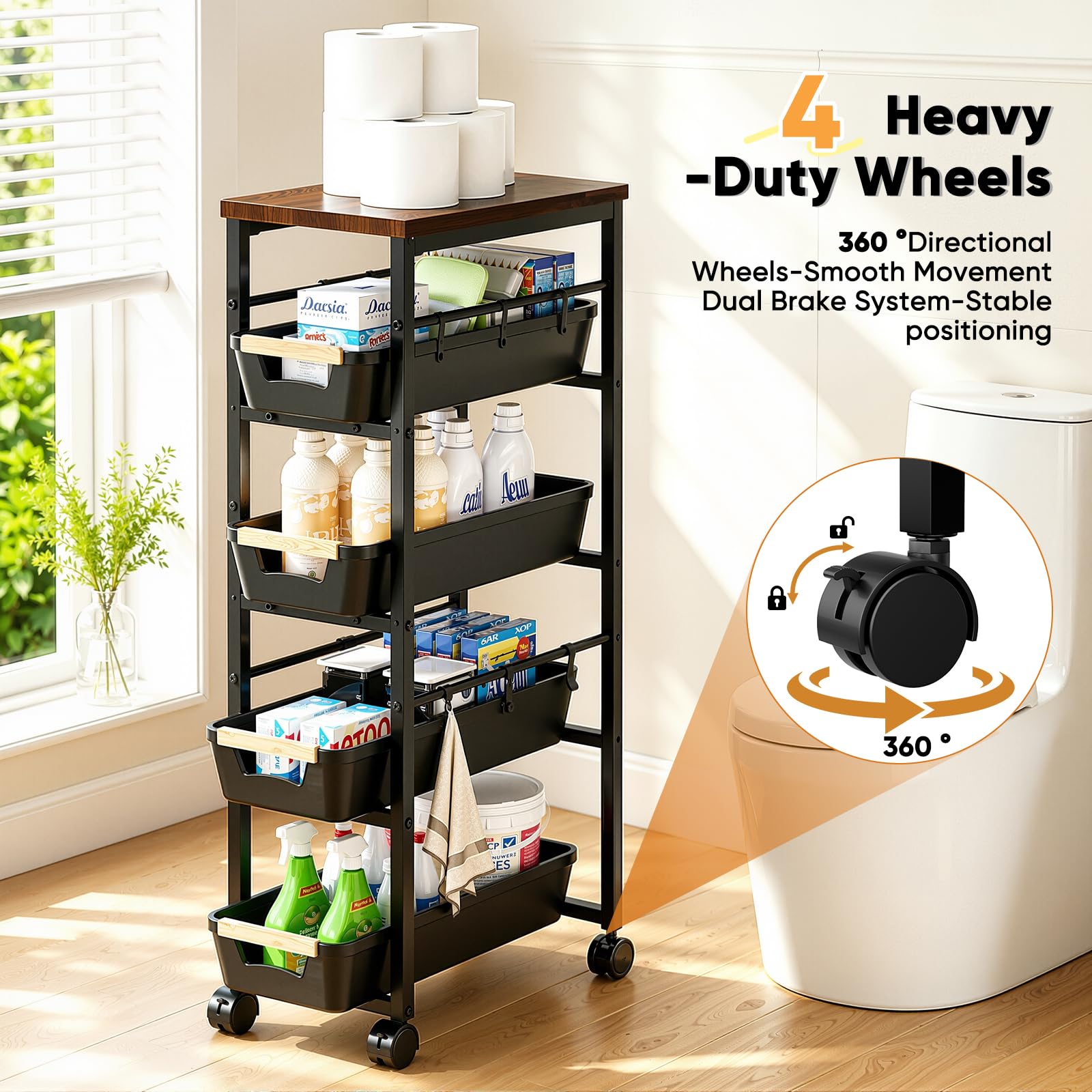 Carrito Cocina con Ruedas, Carrito Cocina con Cestas Retráctiles con 5 Cajones, Verdulero Cocina con 6 Ganchos y Mecanismo de Frenado, Adecuado para Cocina, Baño