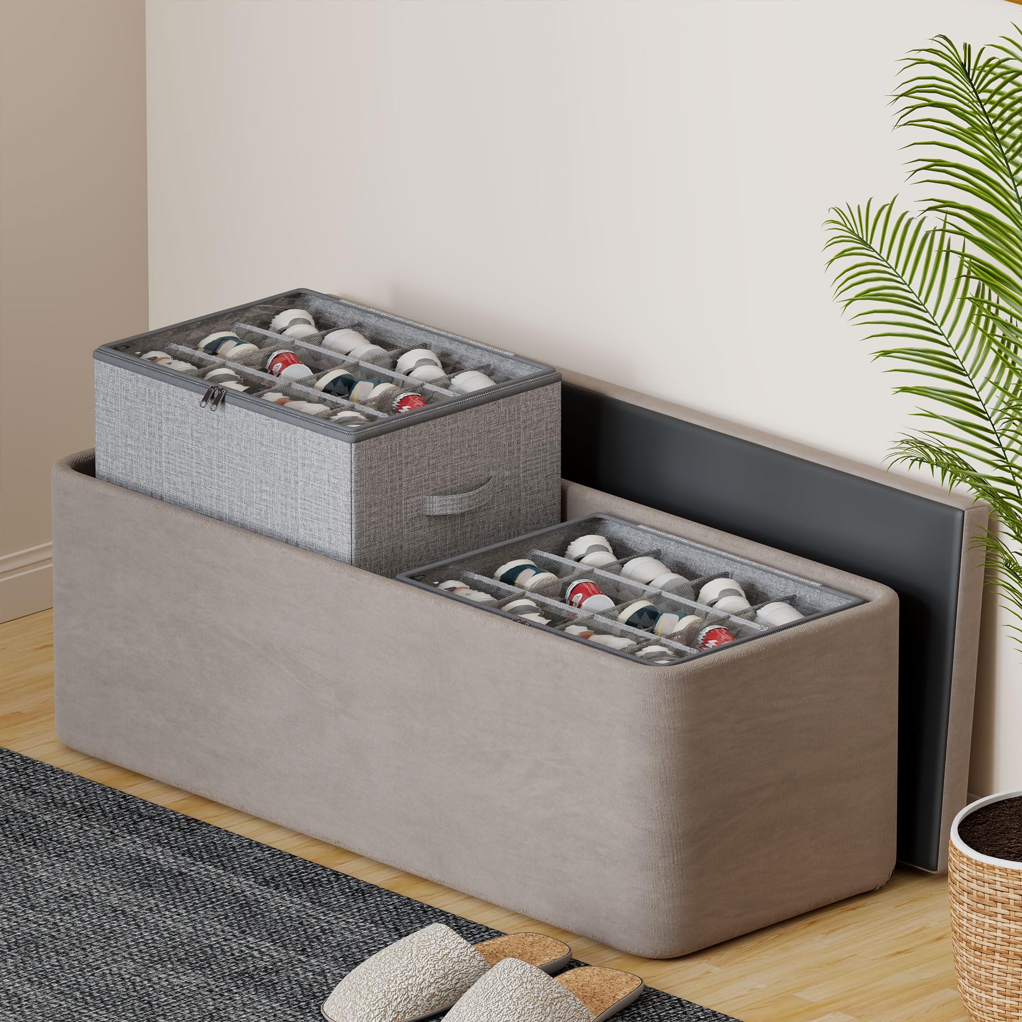 Scatole per Scarpe, Adatto per 12 Paia, Organizer Salvaspazio Pieghevole, Contenitori Scarpe con Coperchio Trasparente, Supporto Inferiore e Maniglie Rinforzate - Grigio