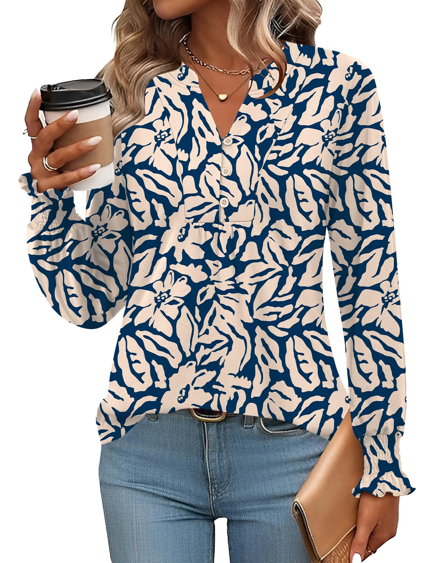 Rapbin Bluse Damen V-Ausschnitt Knopfleiste T-Shirt Tunika Kurzarm Top Sommer Oberteile Elegant Casual