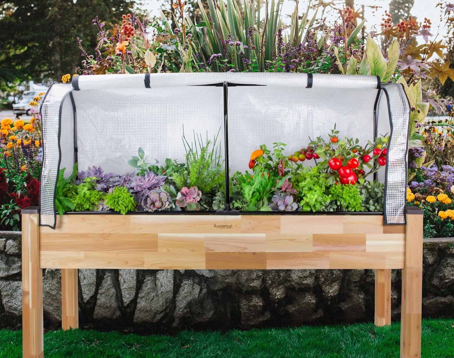 Image showing the bug cover installed on a planter filled with various plants, demonstrating its use in a garden setting.