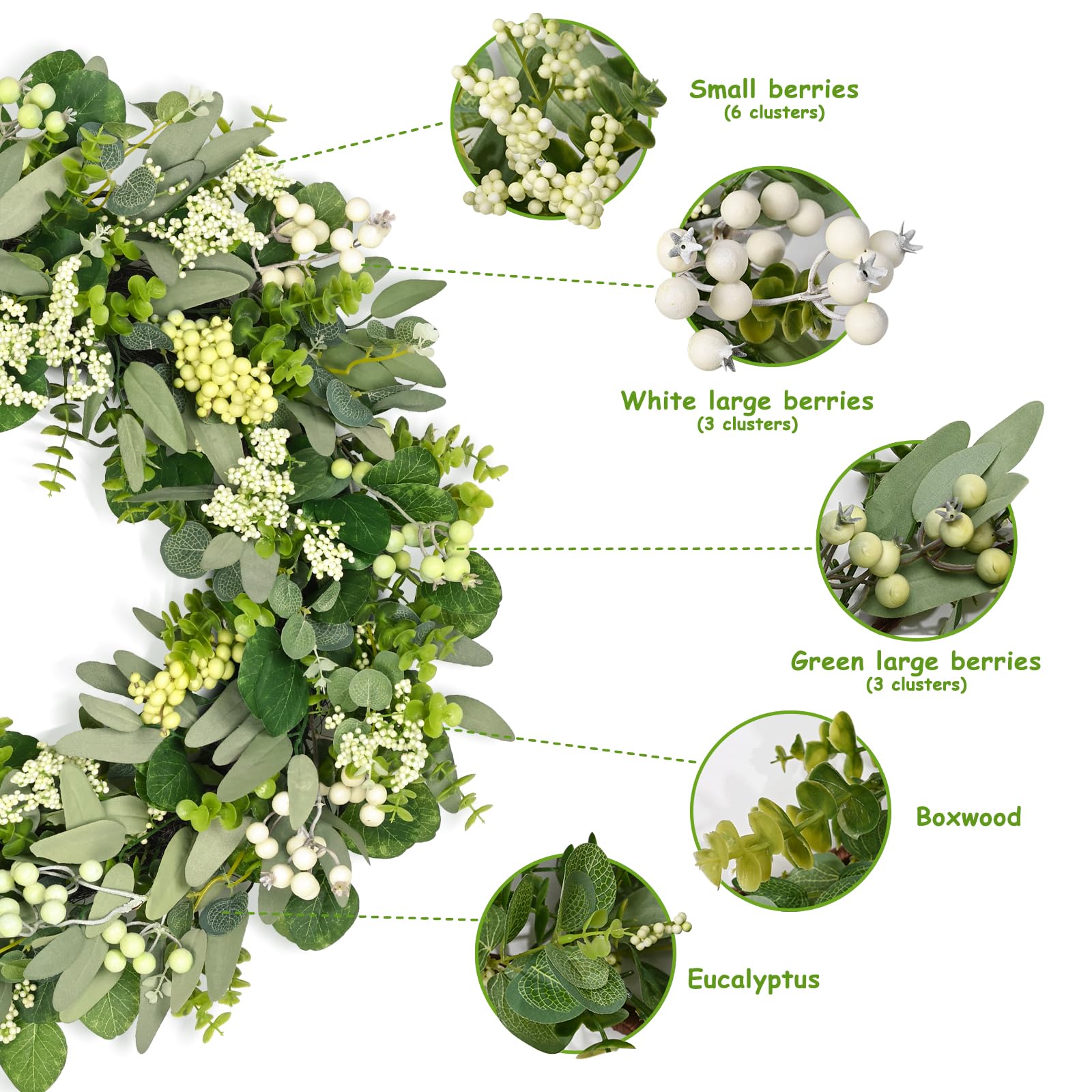 Couronne d'eucalyptus pour porte d'entrée, 61 cm, couronne de printemps et d'été, toute l'année, décoration pour extérieur, intérieur, ferme, mariage, maison, cheminée murale