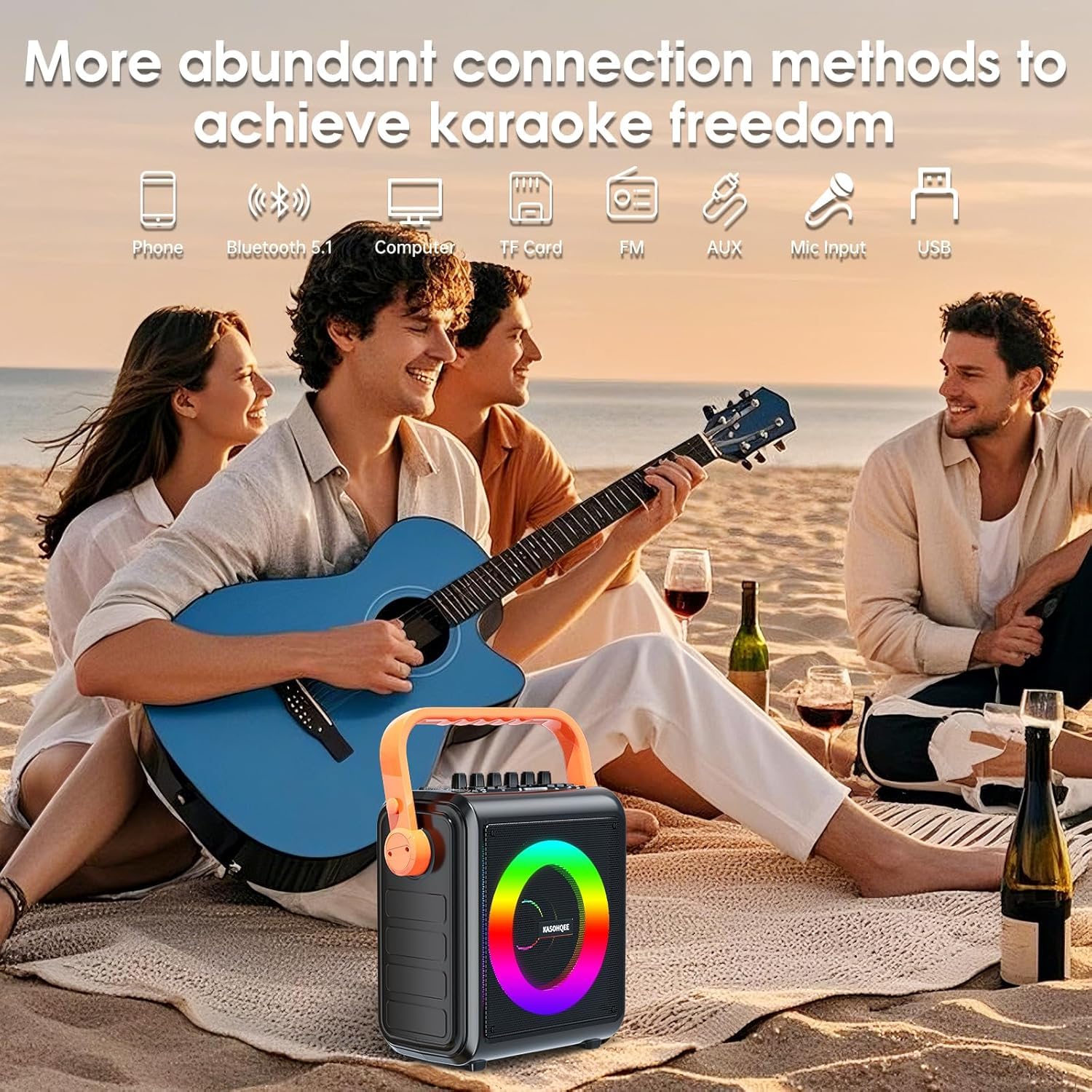 Altoparlante Bluetooth portatile da 8000 mAh con 2 microfoni wireless per adulti e bambini, set di altoparlanti con microfono, con luci, supporto per scheda TF, ingresso AUX, FM, REC, per feste