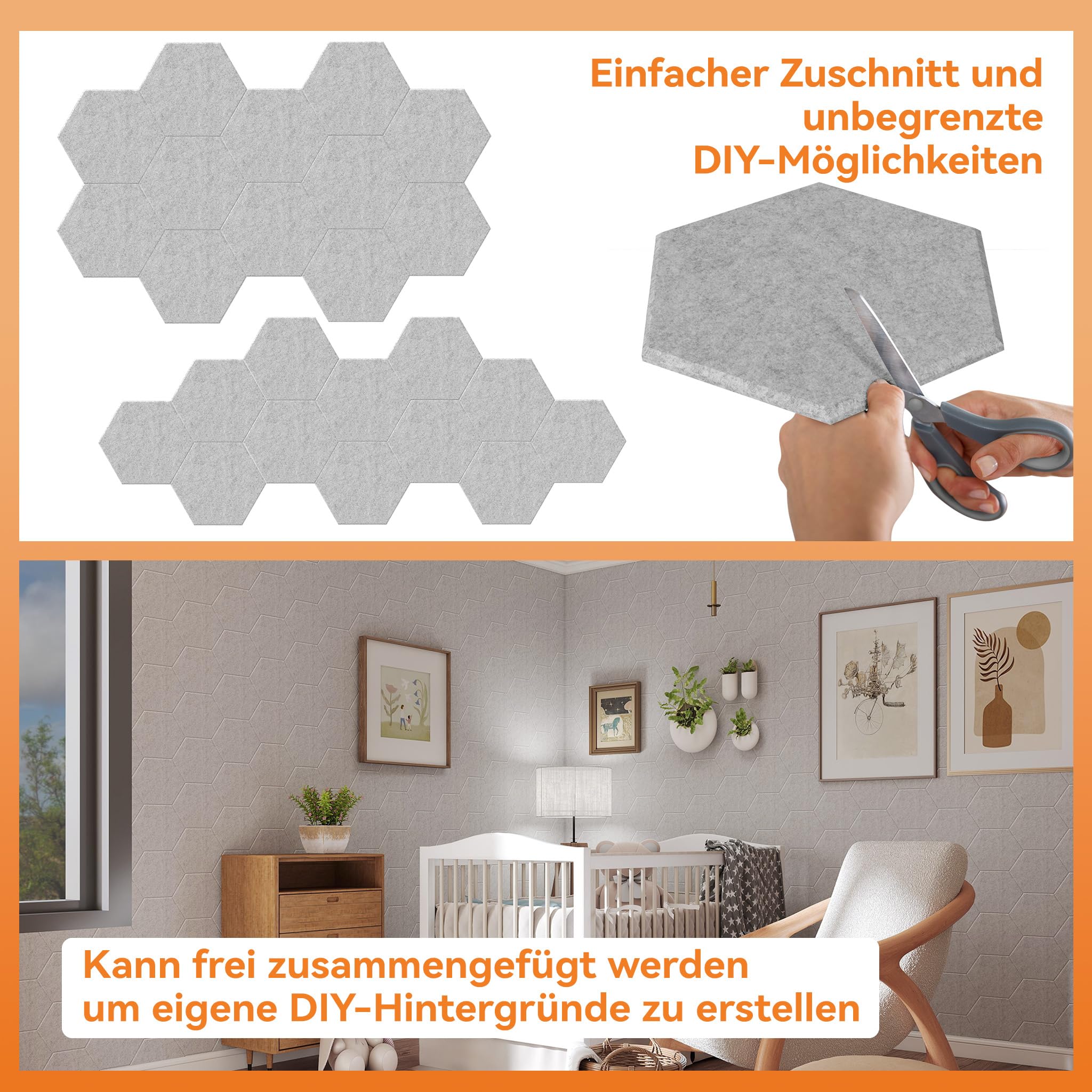 Lot de 24 panneaux acoustiques hexagonaux en feutre - 30 x 26 cm - Gris clair - Revêtement mural autocollant pour salle de travail et de sonorisation
