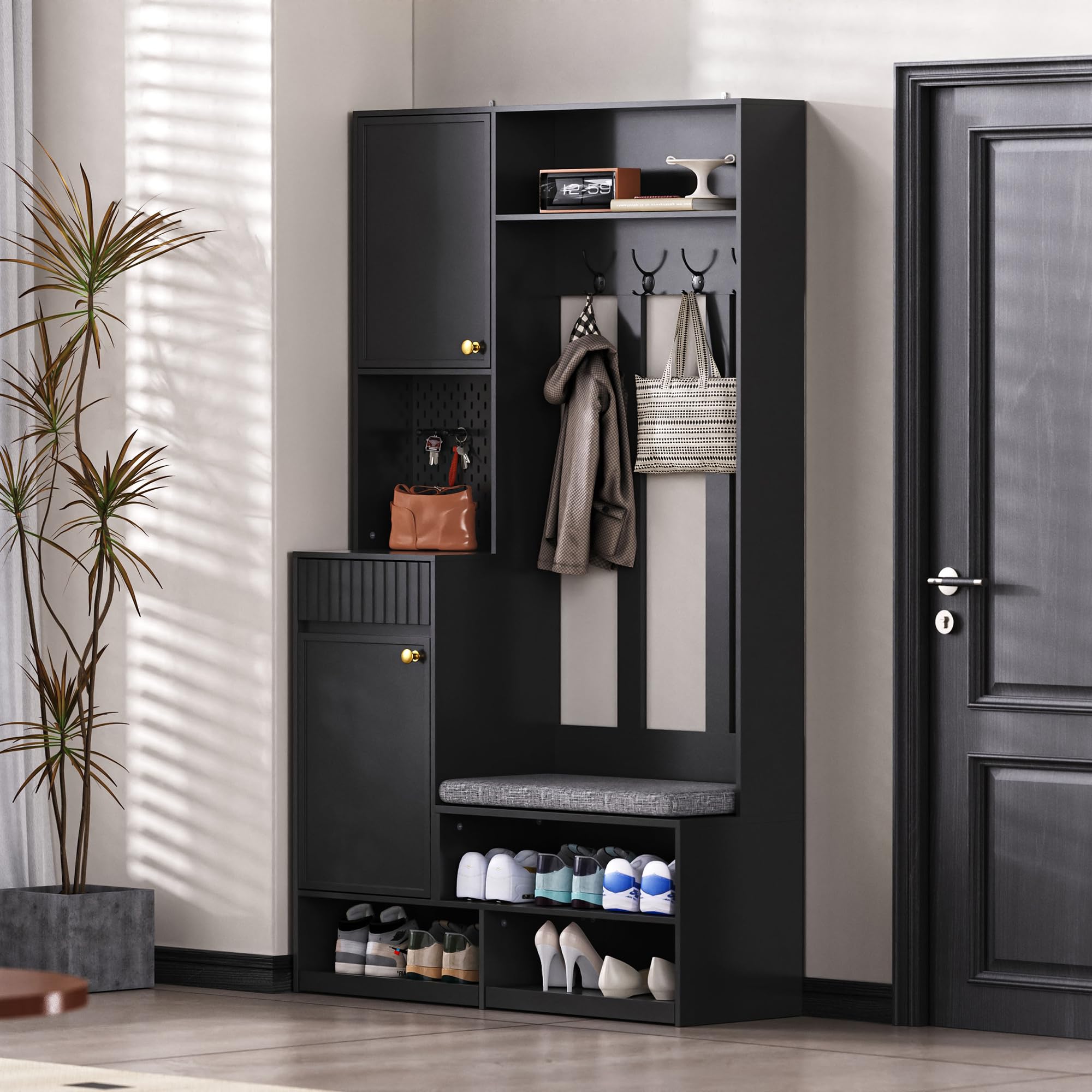 Meuble d'entrée 100x35x180cm, Penderie de Couloir avec Banc, Armoire à Chaussures, 4 Crochets, casier, 2 tiroirs, Panneau perforé Pratique, Porte-Manteau pour entrée (Noir-71S)