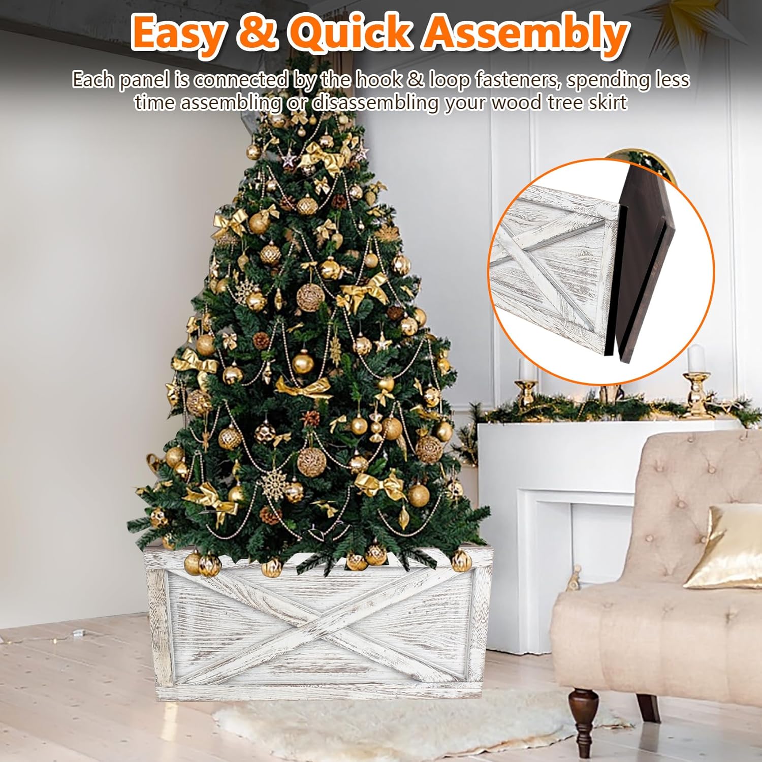 Wooden Tree Collar 22in, Christmas Tree Collar Rustic 4 Panels, Washed White Tree Collar Box 100% Solid Wood Disassemble with X-Pattern for Christmas Tree Decoration