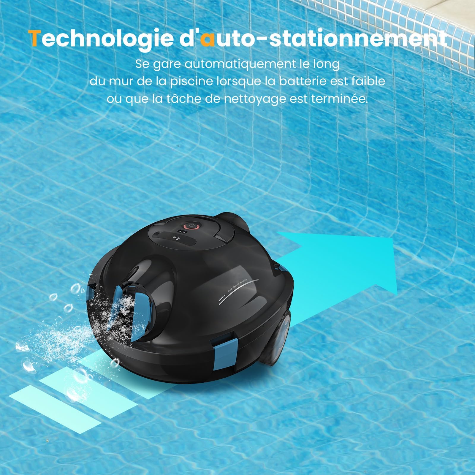 Robot Piscine, Robot Piscine sans Fil Y10 | Aspirateur Automatique et Puissant, 120 Minutes d'Autonomie & Auto-Stationnement, Conçu pour Bassins Enterrés et Piscines à Fond Plat jusqu'à 100 m²(Noir)