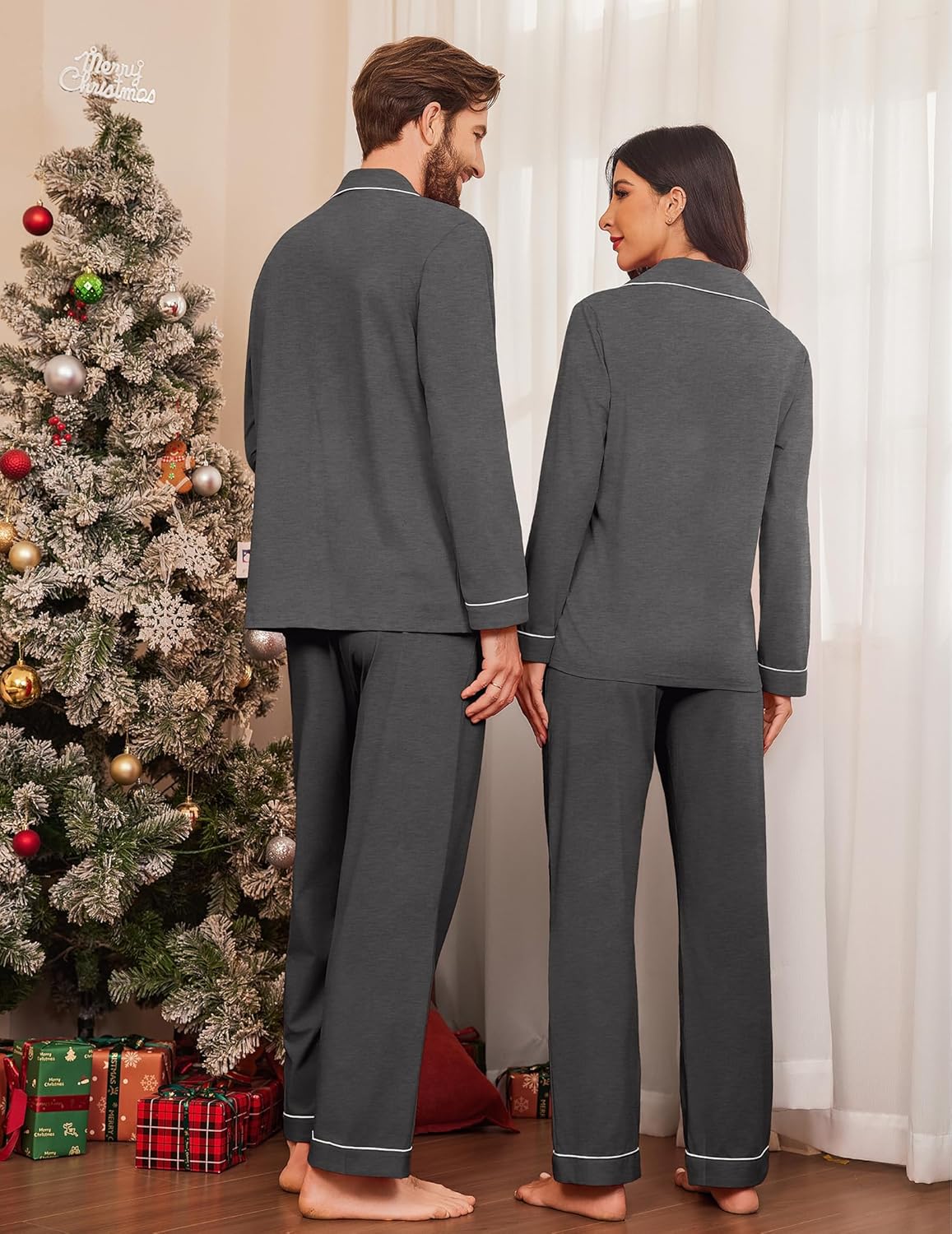 Ekouaer Couple Matching Pajamas 100% Cotton Long Sleeve Sleepwear Button Down Loungewear Pjs Set S-XXL - Image 2