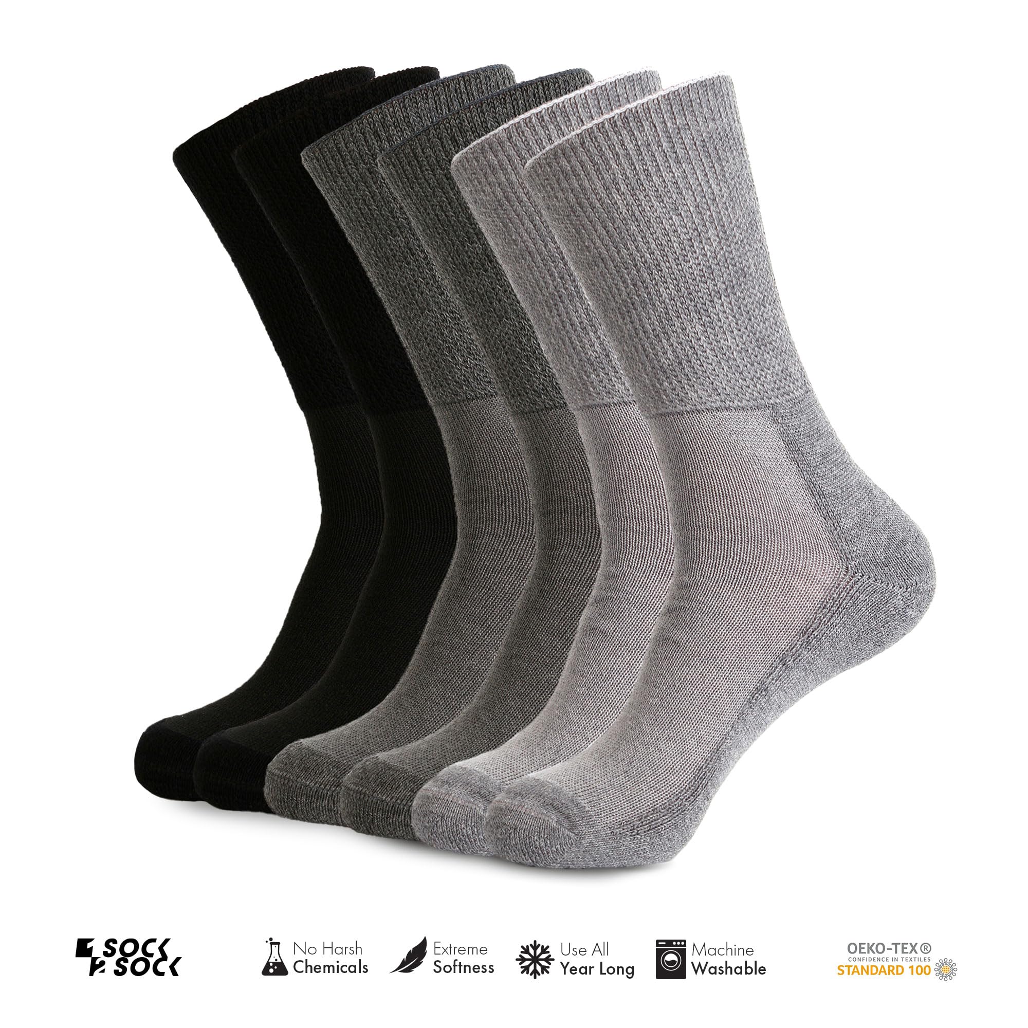 1SOCK2SOCK Paquete de 6 calcetines unisex de bambú de algodón orgánico para diabéticos, terapéuticos, sin ataduras, acolchados, gris, Large