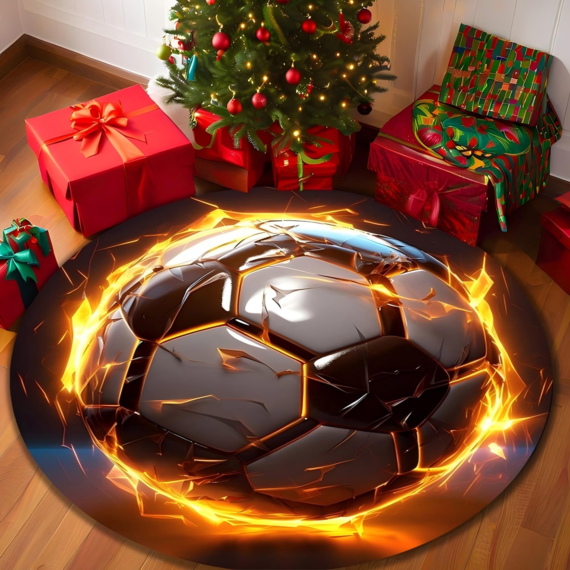 Runder 3D Fußball Teppich, 120x120cm Zerbrochenem Muster, Cooler Flammen Sportteppich, Sportlicher Kinderzimmerteppich Jungen, Rutschfester, Waschbarer Runder Bodenteppich Teenager Spielzimmer