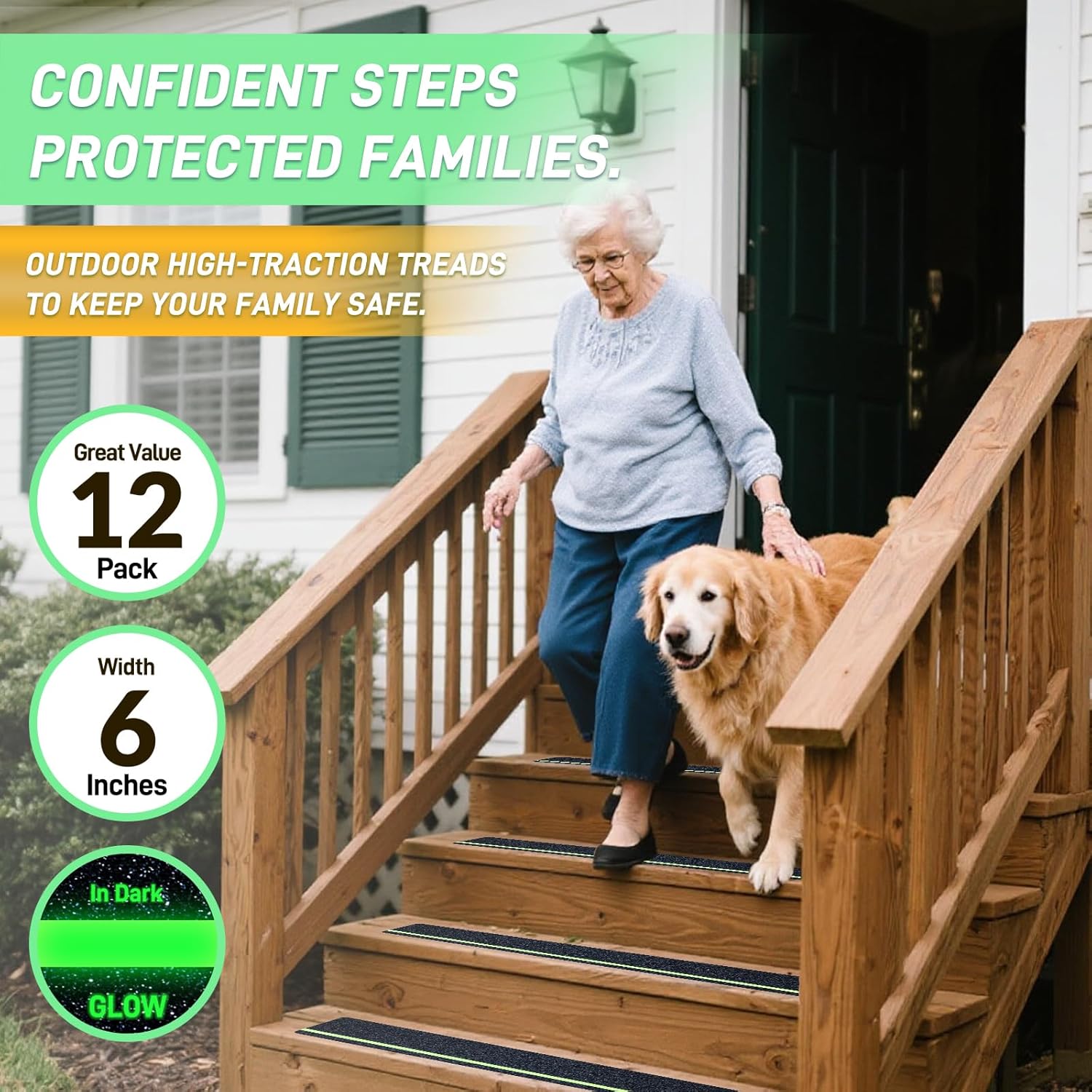 12-Pack 6”x30” Anti Slip Tape with Glow in the Dark Stripe, Pre-Cut Stair Treads Non Slip Traction Tape for Outdoor/Indoor, Waterproof Non Skid Tape for Stair Step, Easy to Install