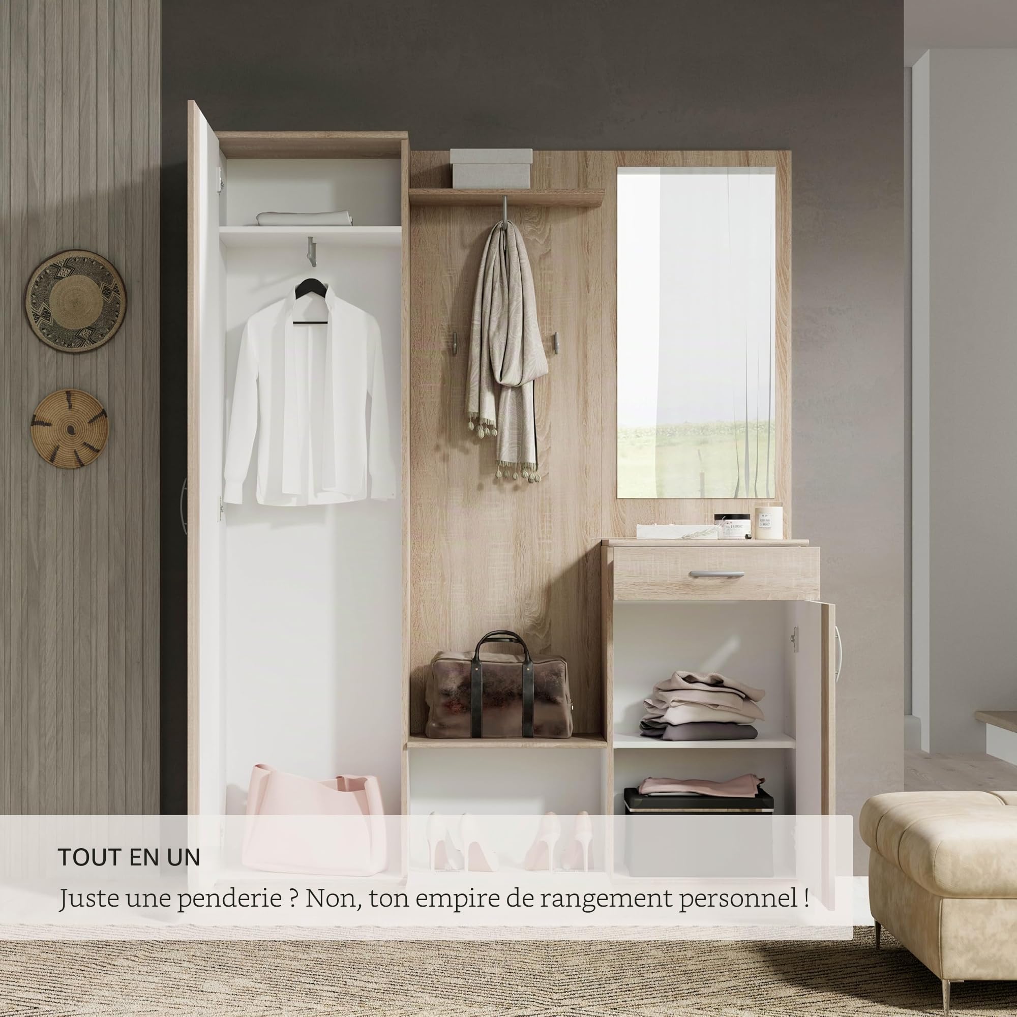 Stella Trading PATENT Ensemble de vestiaires d'entrée en aspect chêne Sonoma, blanc - Vestiaire compact stylé avec miroir pour votre entrée - 145 x 184 x 29 cm (L/H/P), marron