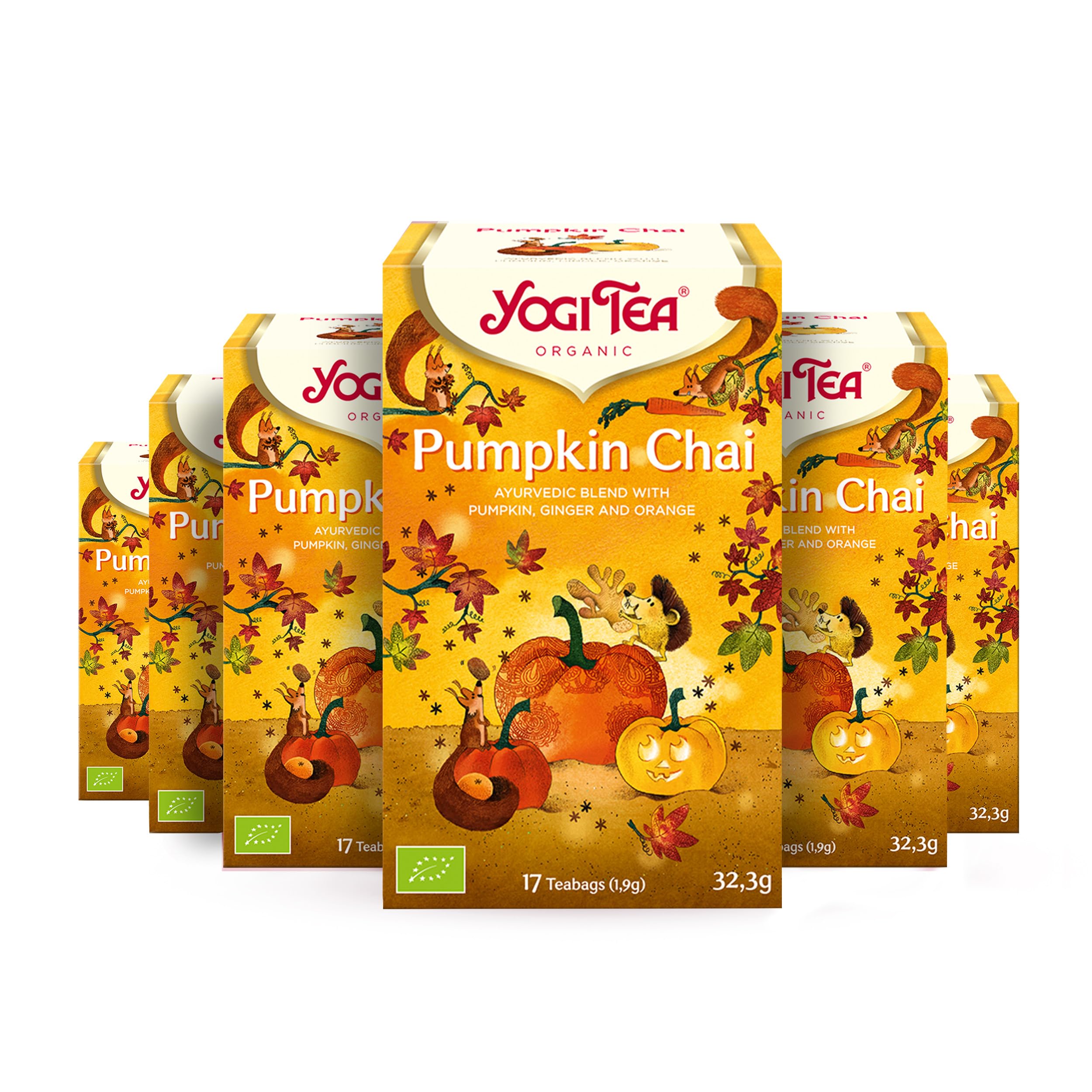Yogi Tea Pumpkin Chai, 6x17 Beutel (102 Teebeutel) | Ayurvedischer Bio Gewürz- und Kräutertee, von Natur aus koffeinfrei, Mischung aus Kürbis, Ingwer und Orange
