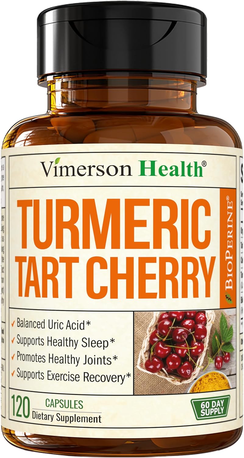 Turmeric Supplement with 10:1 Tart Cherry Extract, Turmeric Curcumin with Black Pepper & Organic Tumeric. 600mg Tart Cherry Capsules. Aids Uric Acid Balance, Joint, Muscle, Sleep Support. 120 capsules