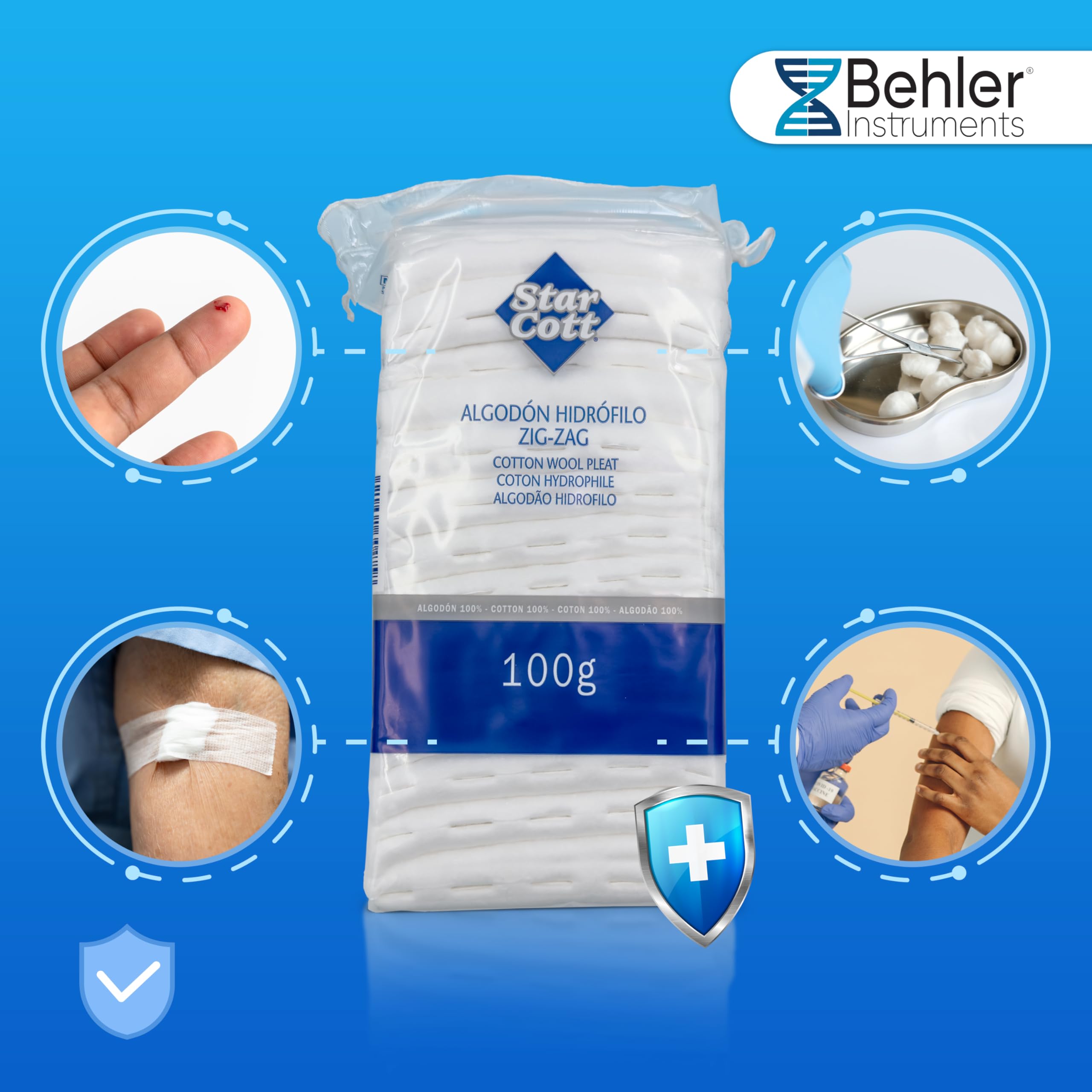 Star Cott - Algodón Hidrófilo Blanco en Zig Zag, 100 g - 100% Algodón Puro y Blanqueado sin Cloro, Ideal para Tratamiento de Heridas y Cuidado de la Piel Sensible, Seguro