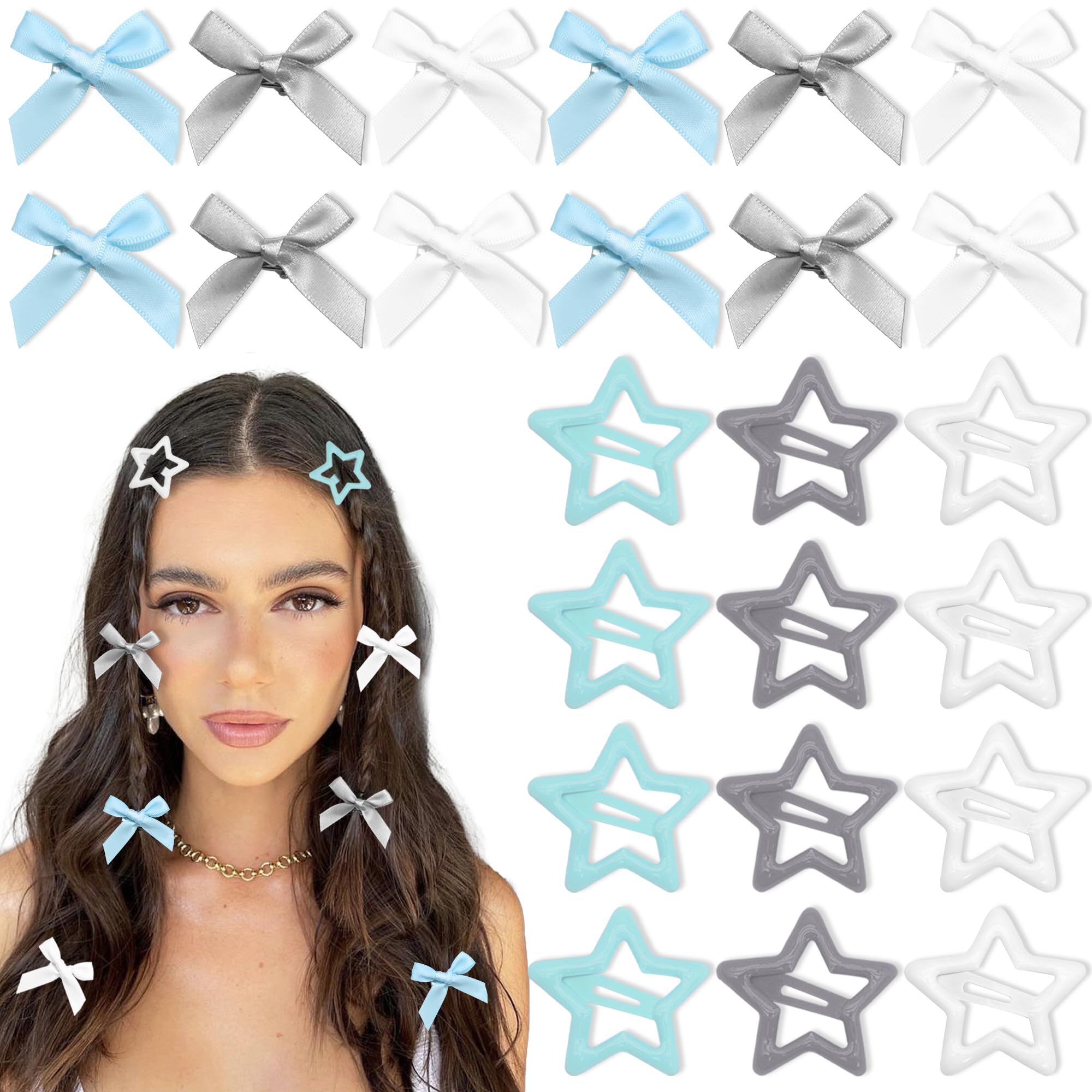 YAEISM 24PCS Star Hair Clips Satin Mini Hair Bows 3 Colors Small Bow Hair Clips Non Slip Y2K Hair Barrettes for Women