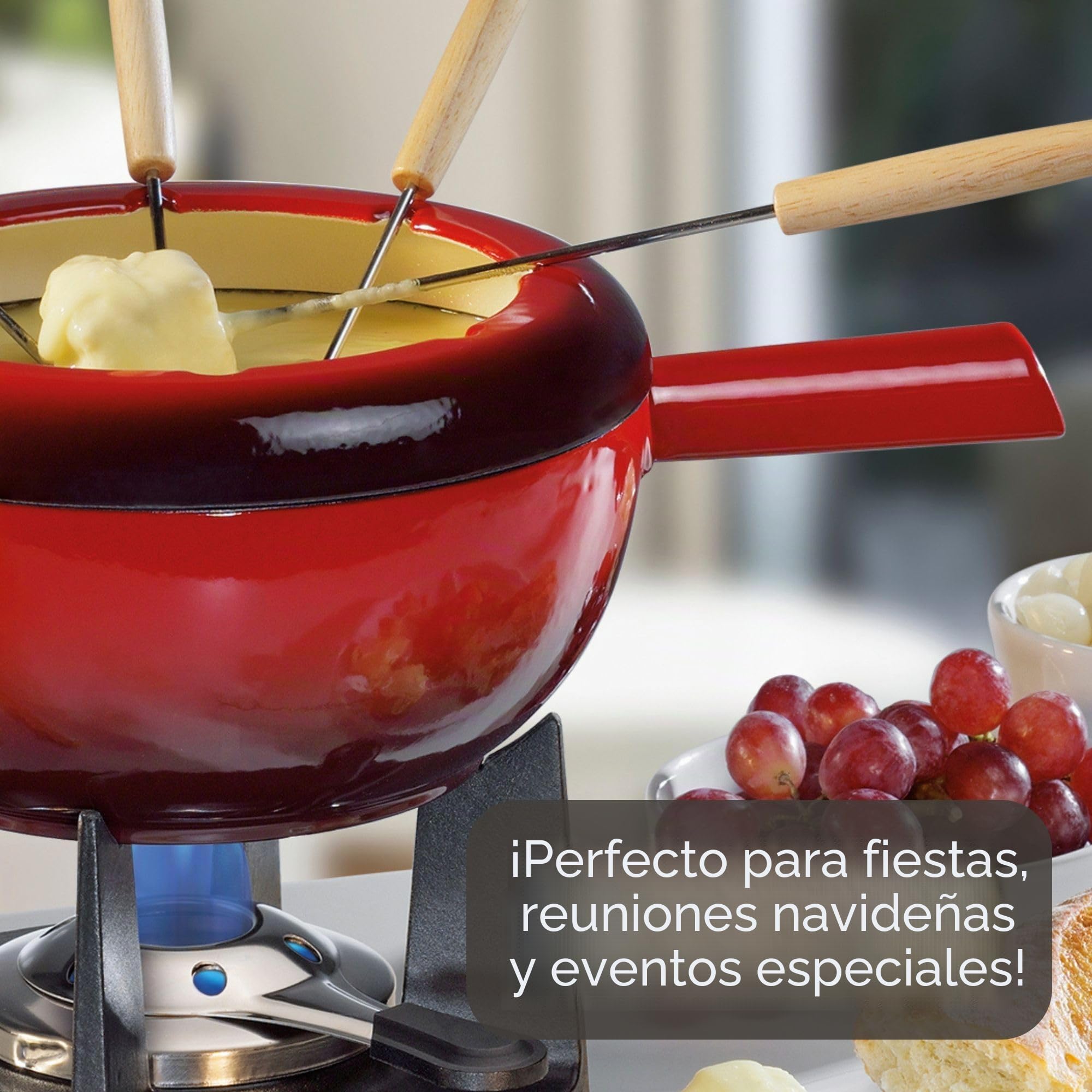 Spring Juego de fondue de hierro fundido rojo, 20 cm de diámetro, con 8 tenedores de fondue y protección contra salpicaduras, para fondue de queso, fondue de carne, quemador de refugio