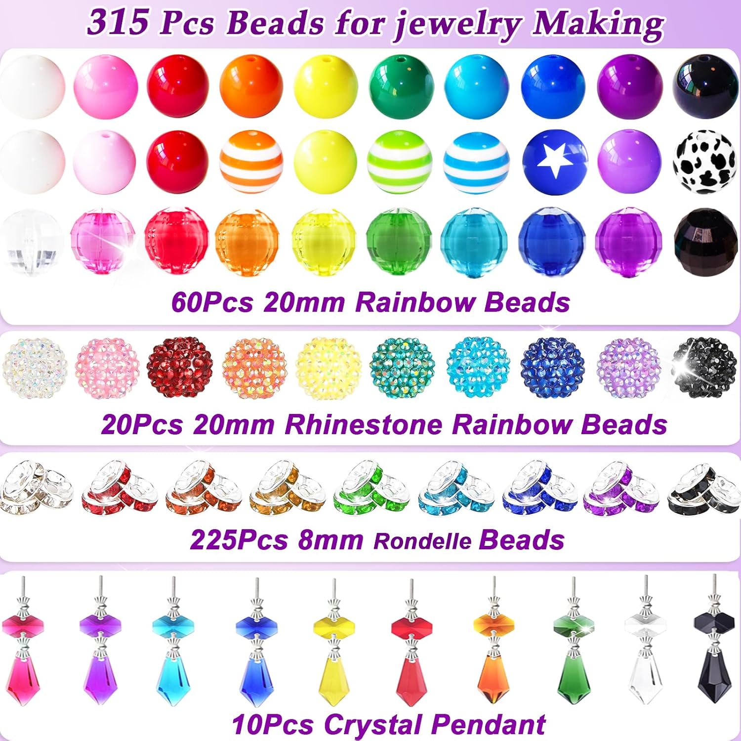 315Pcs 20mm Beads for Pens Making with Rondelle Spacer Beads Mixed Acrylic Focal Bubblegum Bead Crystal Round Sparkly Chunky Bead for Pens Beadable Necklace Keychain DIY Craft Jewelry Making Supplies - Image 3
