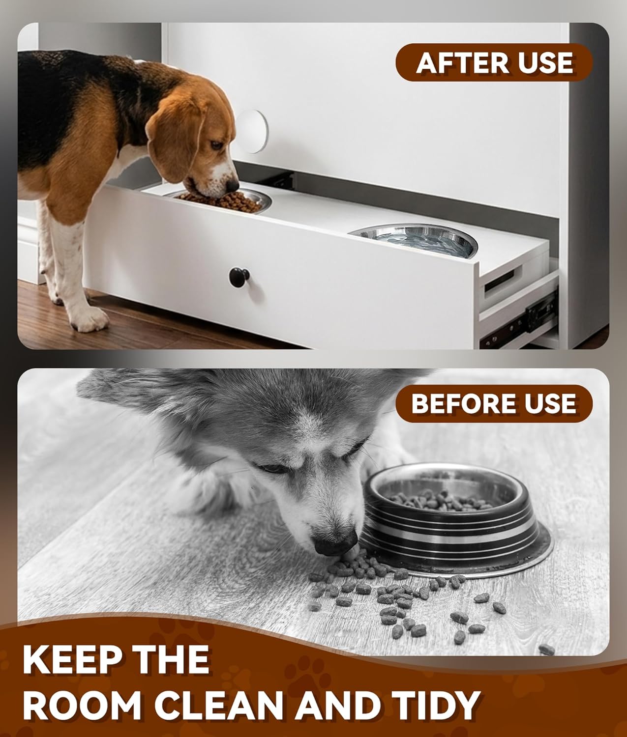 Wooden Cabinet for Dog Food Storage, Large Capacity Dog Feeding Station, Multi-Layer Sturdy Pet Storage Cabinet with Waterproof PVC Finish for Kitchen, Laundry Room & Garage