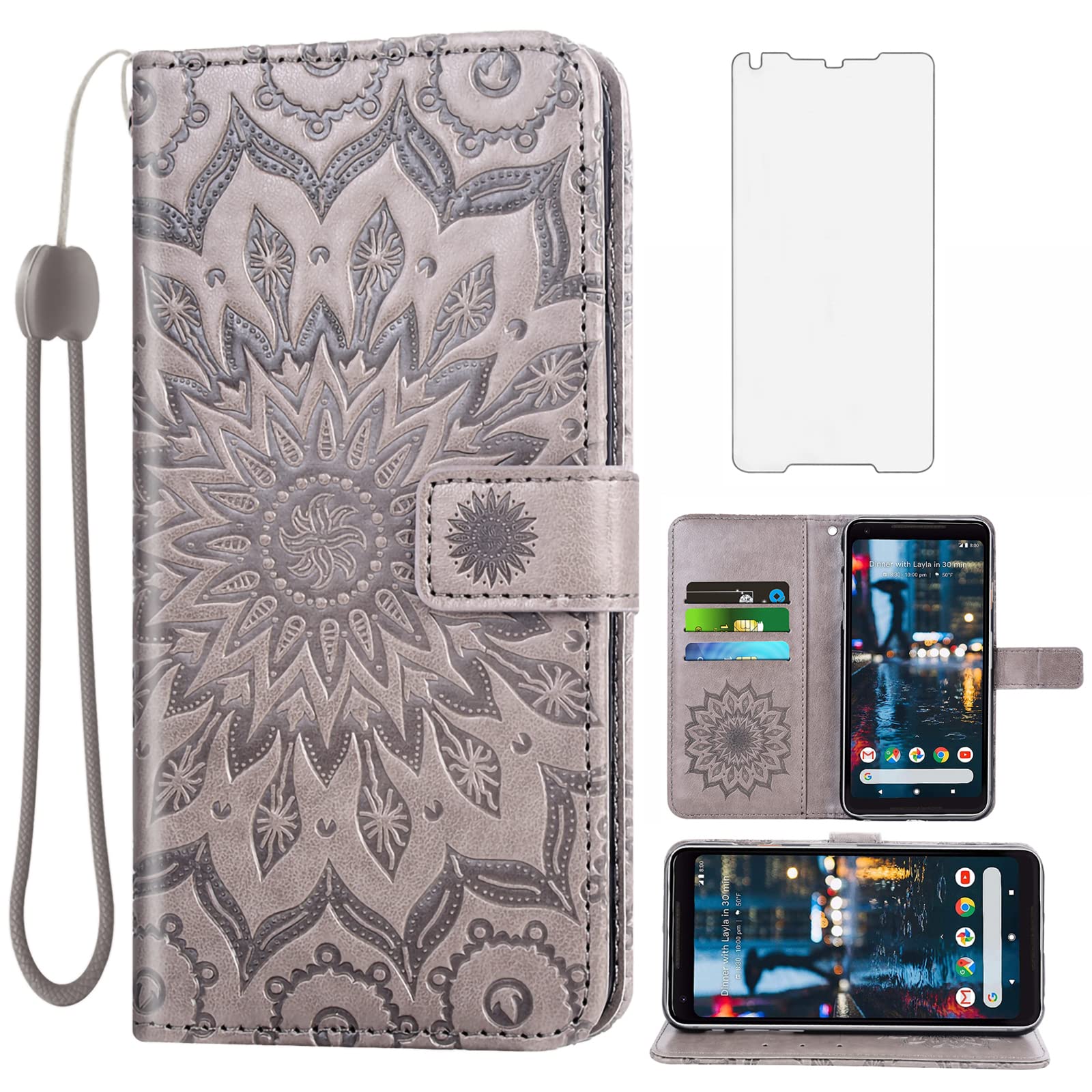 Phone Case for Google Pixel 2XL Wallet Cases with Tempered Glass Screen Protector and Leather Magnetic Slim Flip Cover Card Holder Stand Cell Accessories Pixle 2 XL Pixel2XL Pixel2 LX Women Men Gray