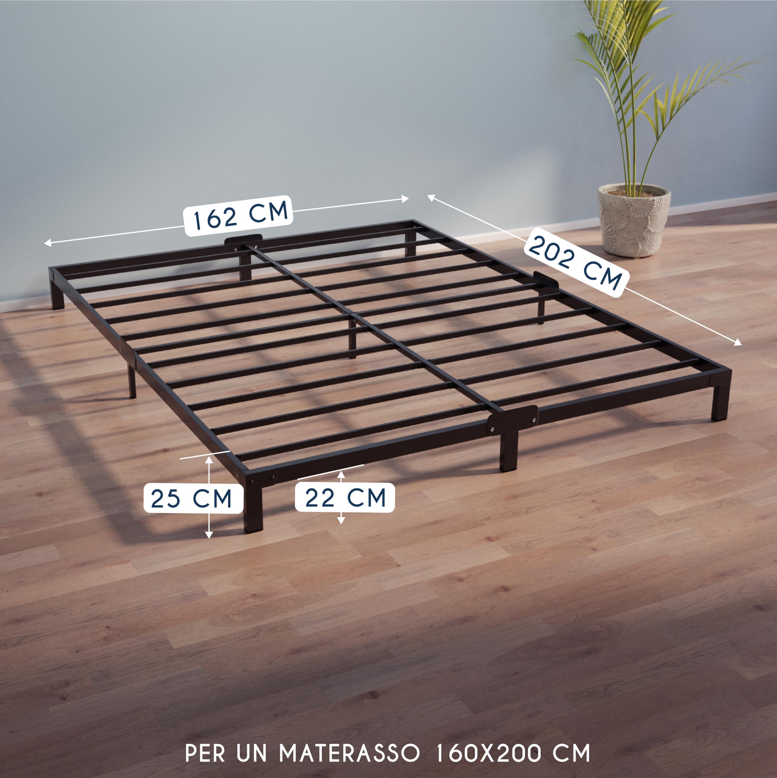 Struttura Letto Matrimoniale 180x200cm In Metallo - Rete Con Contenitore E Piedi 25cm, Montaggio Facile