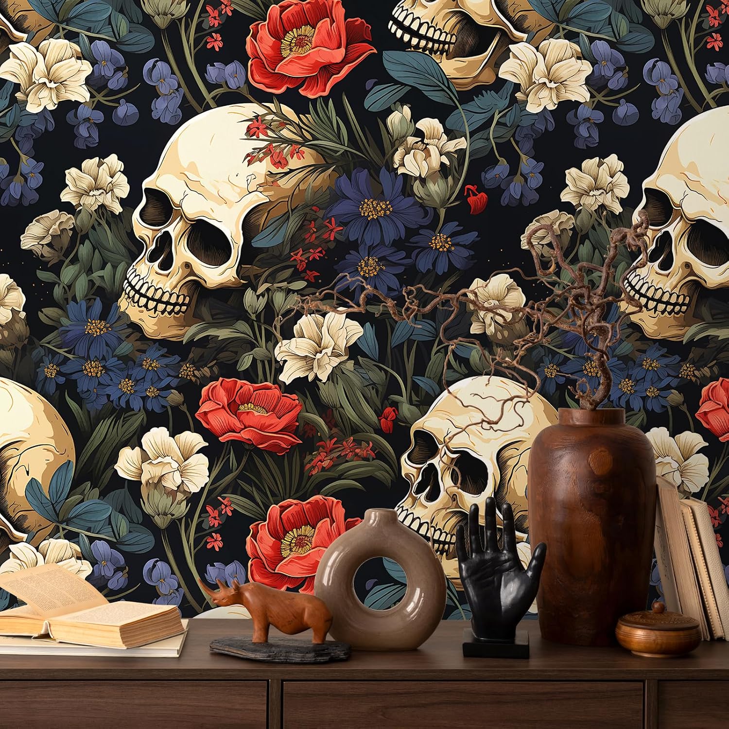 VEELIKE Witchy Skull Wallpaper Stick and Peel Modern Gothic Wall Mural 17.7''x118'' Dark Floral Wallpaper for Bathroom Bedroom Removable Self Adhesive Black Flower Contact Paper for Walls Shelves