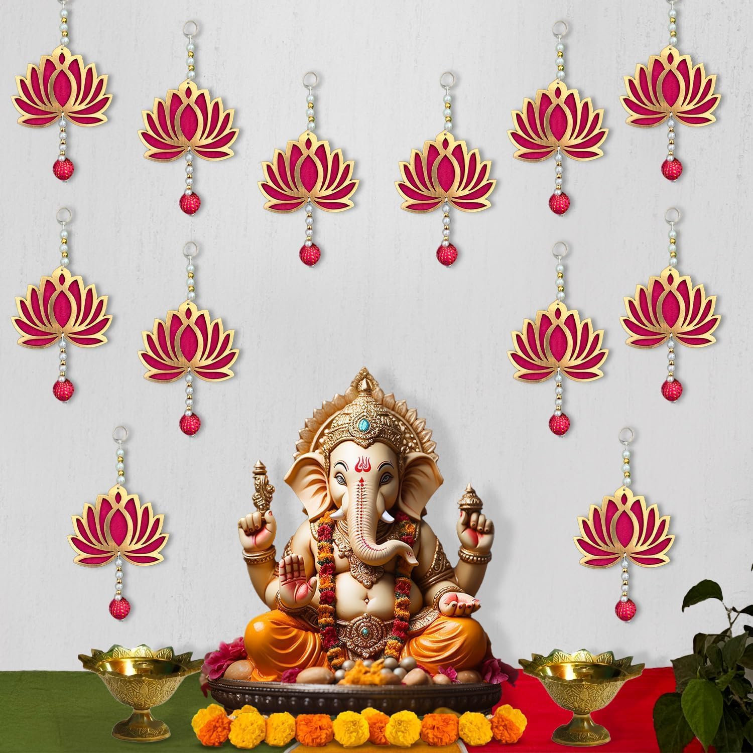 Ręcznie robione zawieszki z lotosu do dekoracji – 12 szt. 20 cm artykuły dekoracyjne Ganpati do domu, kwiatowe zawieszki ścienne MDF, artykuły dekoracyjne Diwali do wystroju domu
