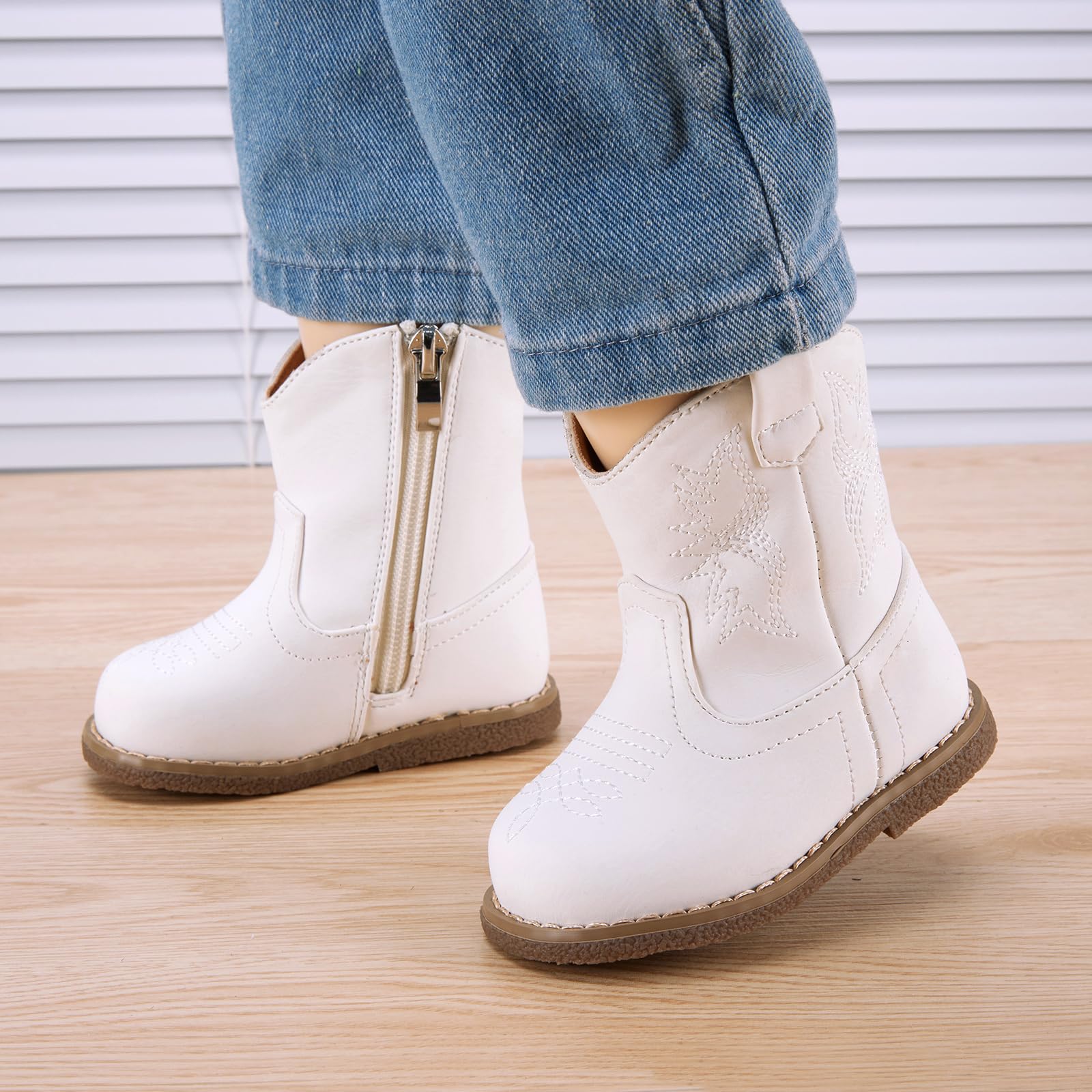 BMCiTYBM Baby Cowboy Cowgirl Boots Infant Western Boots Toddler Boys Girls Round Toe Riding Mid Calf Boots All Seasons for 6 9 12 18 24 Months White Size 4 Toddler
