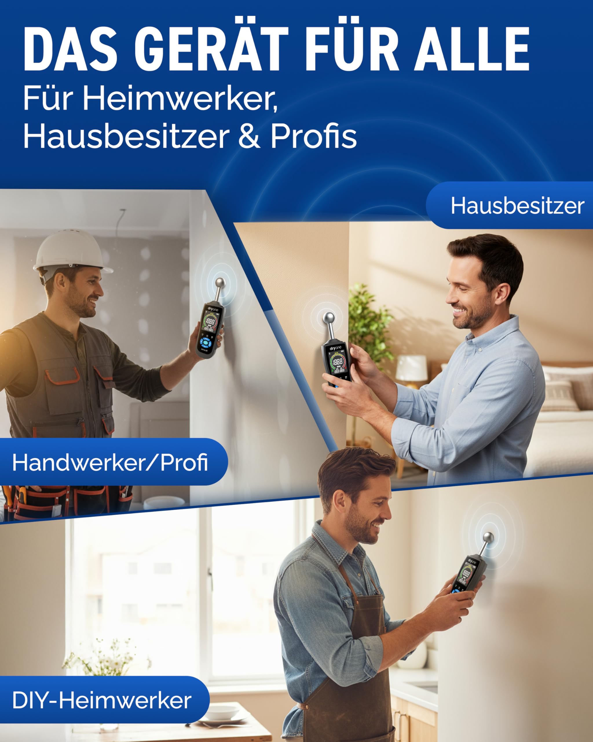 DryOne® DetectX Feuchtigkeitsmessgerät für Wand, Holz, Mauerwerk, Estrich & Beton - verlässliche Messung & einfache Bedienung - Feuchtigkeitsmesser & Wandfeuchtemessgerät gegen Schimmel & Schäden