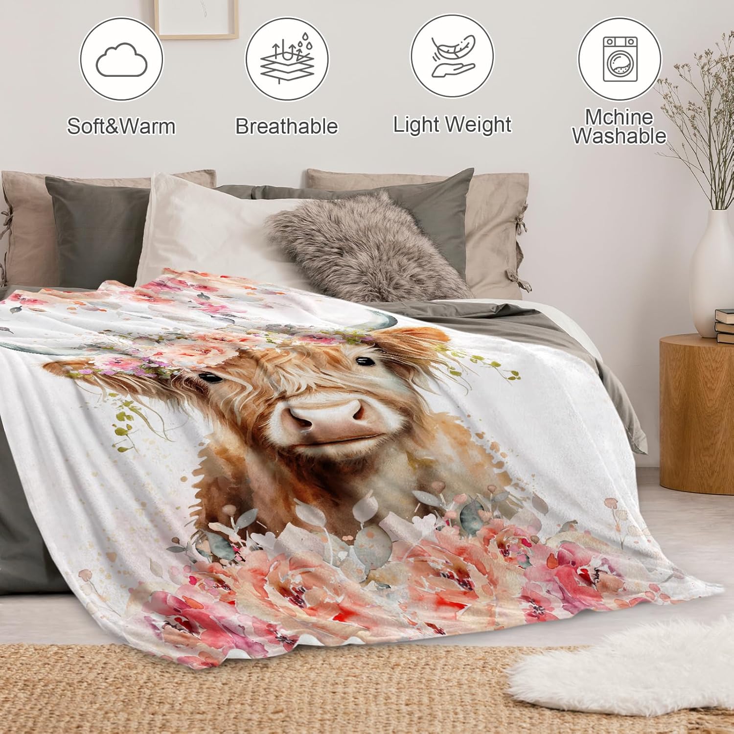 Highland Cow Blanket for Girls, Kids Highland Cow Throw Blanket for Couch Bed Room Decor, Gift for Girls 60"x80"