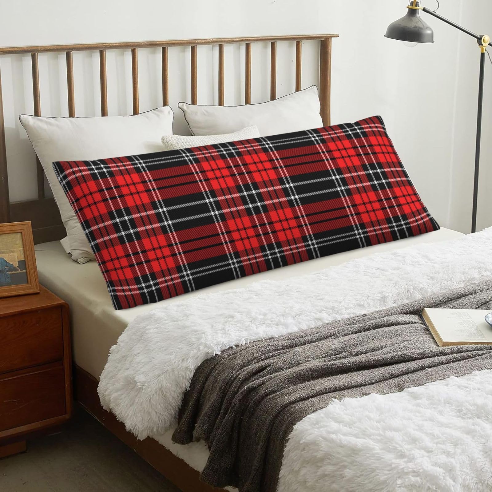 Tartan Red Black, Body Pillow Cover with Zipper,Long Body Pillowcase 20 x 60 in