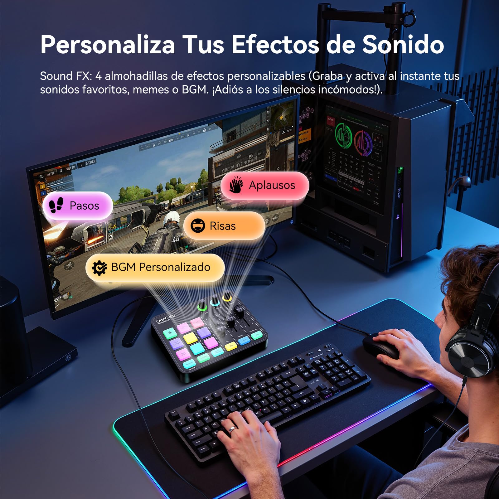 OneOdio Solocaster Mezclador de Audio para Gaming - Interfaz de 5 Canales con Alimentación Fantasma 48V, Bluetooth, Iluminación RGB, 3.5mm/XLR/USB-C, para Streaming/Podcast/Karaoke en PC, Mac y Móvil