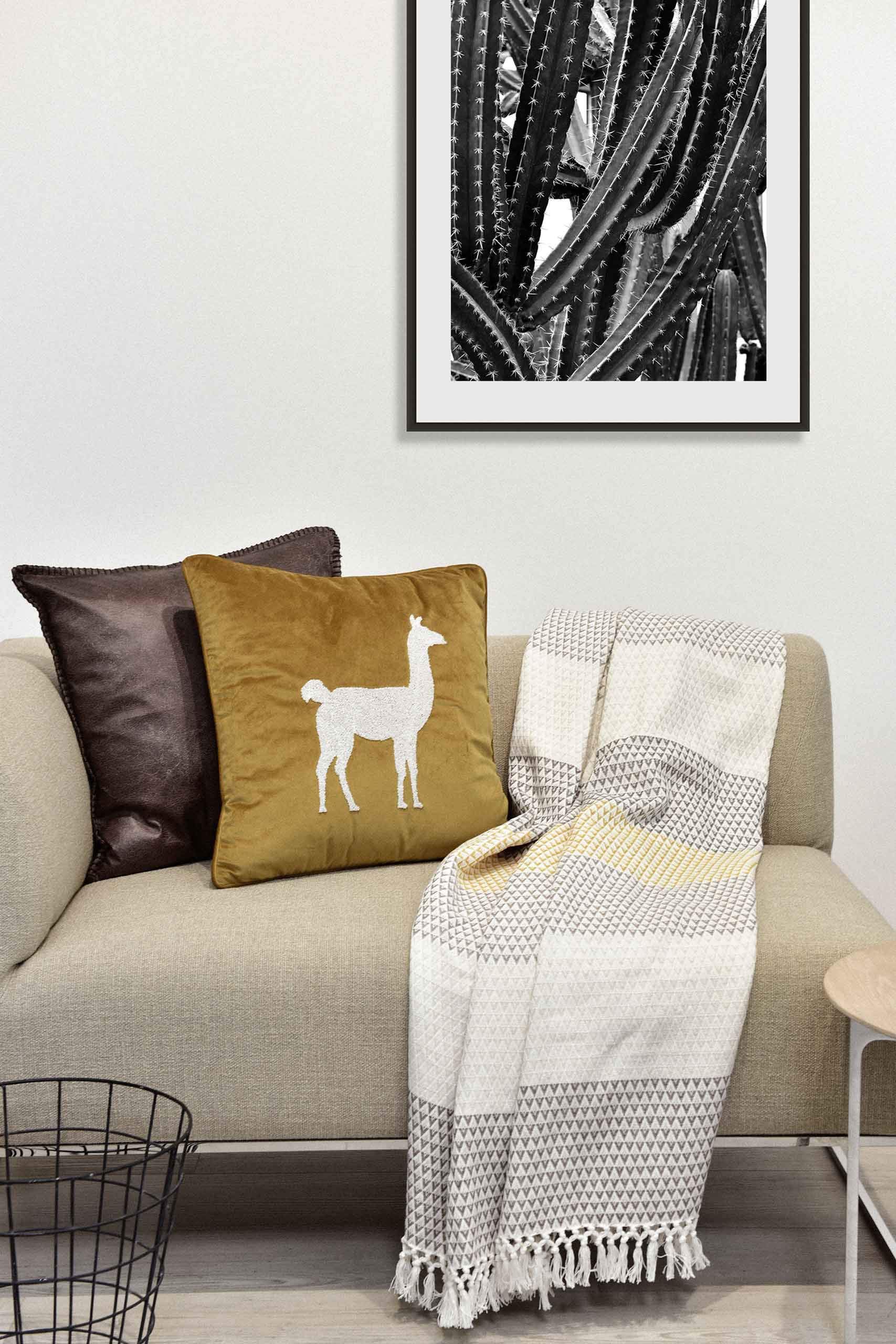 Plaid Dana, 150x200 cm, Blanco Marrón Amarillo, Estampados, Boho, Algodón, Manta Suave, Manta de Sofá, Colcha de Picnic
