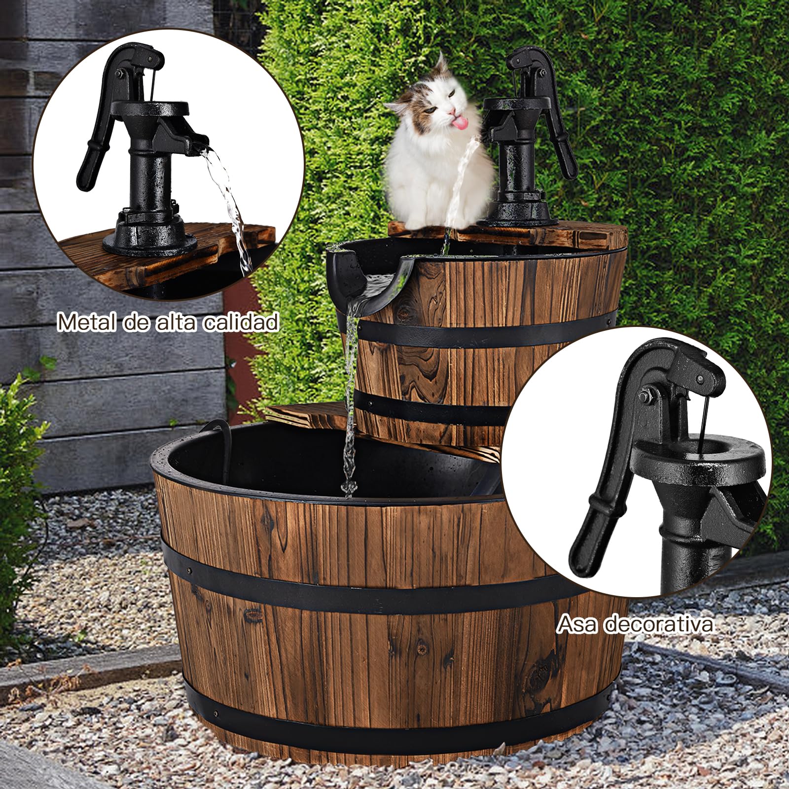 GOPLUS Fuente Jardín Exterior, Fuente Decorativa de 2 Niveles en Cascada de Madera de Abeto con Bomba 6W y Circulación del Agua, Decoración para Jardín, Terraza, Patio, 44,5 x 44,5 x 61cm