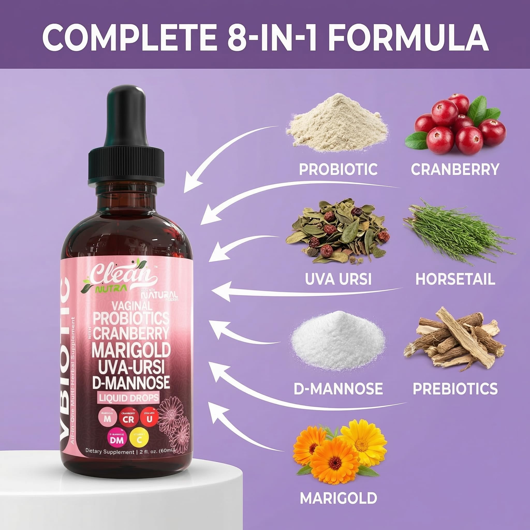 Clean Nutraceuticals VBiotic Vaginal Probiotic for Women Liquid Drops | Cranberry Uva Ursi Horsetail D-Mannose Prebiotics Marigold & Black Cohosh Vaginal Health Supplement | pH Balance — Amazon image 4