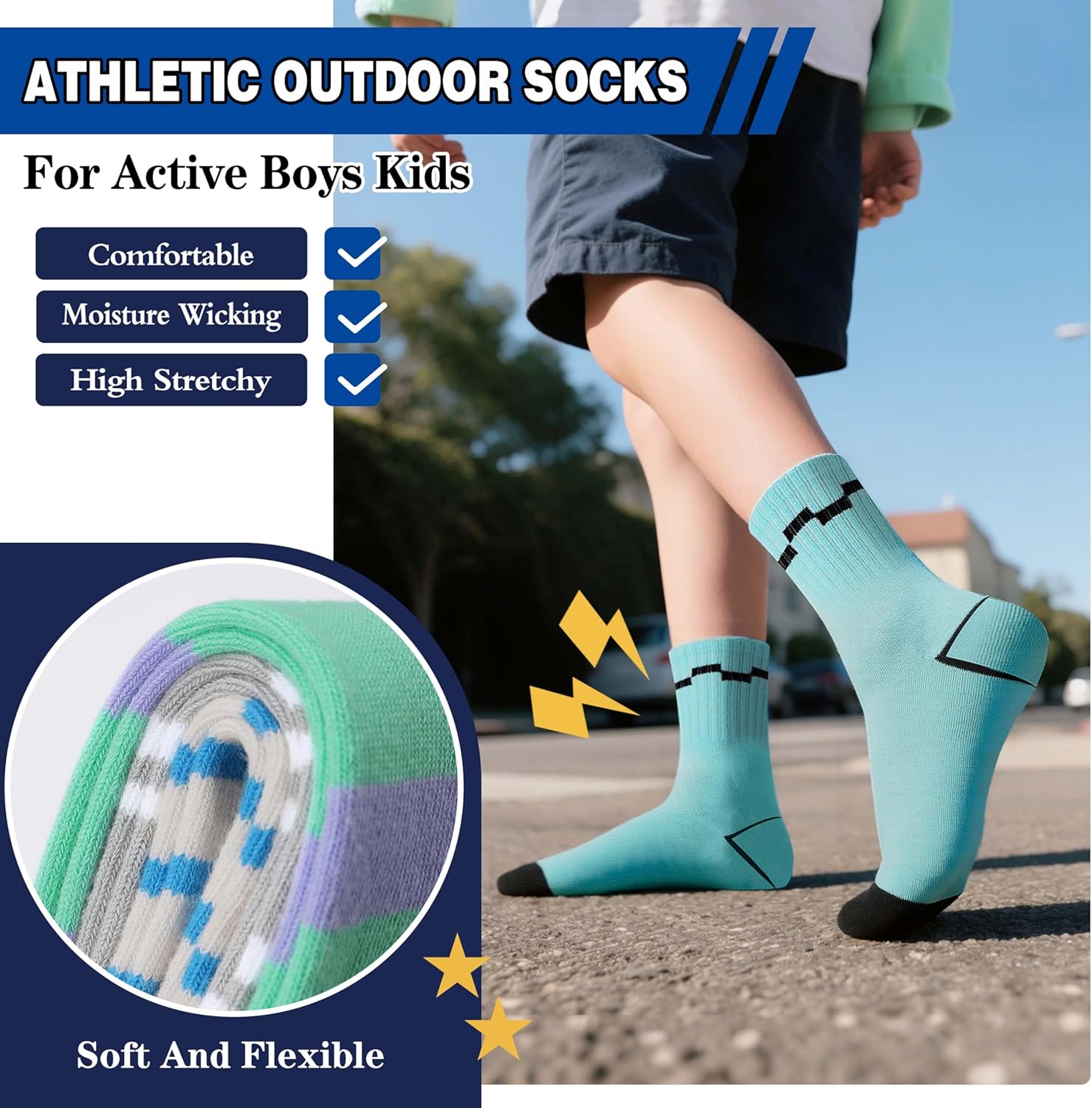 Kids Boys Girls Athletic Sport Socks Basketball Outdoor Cotton Crew Breathable Striped Socks 6 Pairs - Image 2