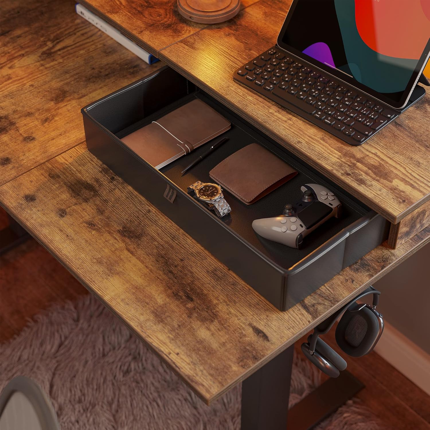 CubiCubi Triple Motor 63" L Shaped Standing Desk With 3 Drawers, Electric Adjustable Height, Corner Stand Up - Rustic Brown