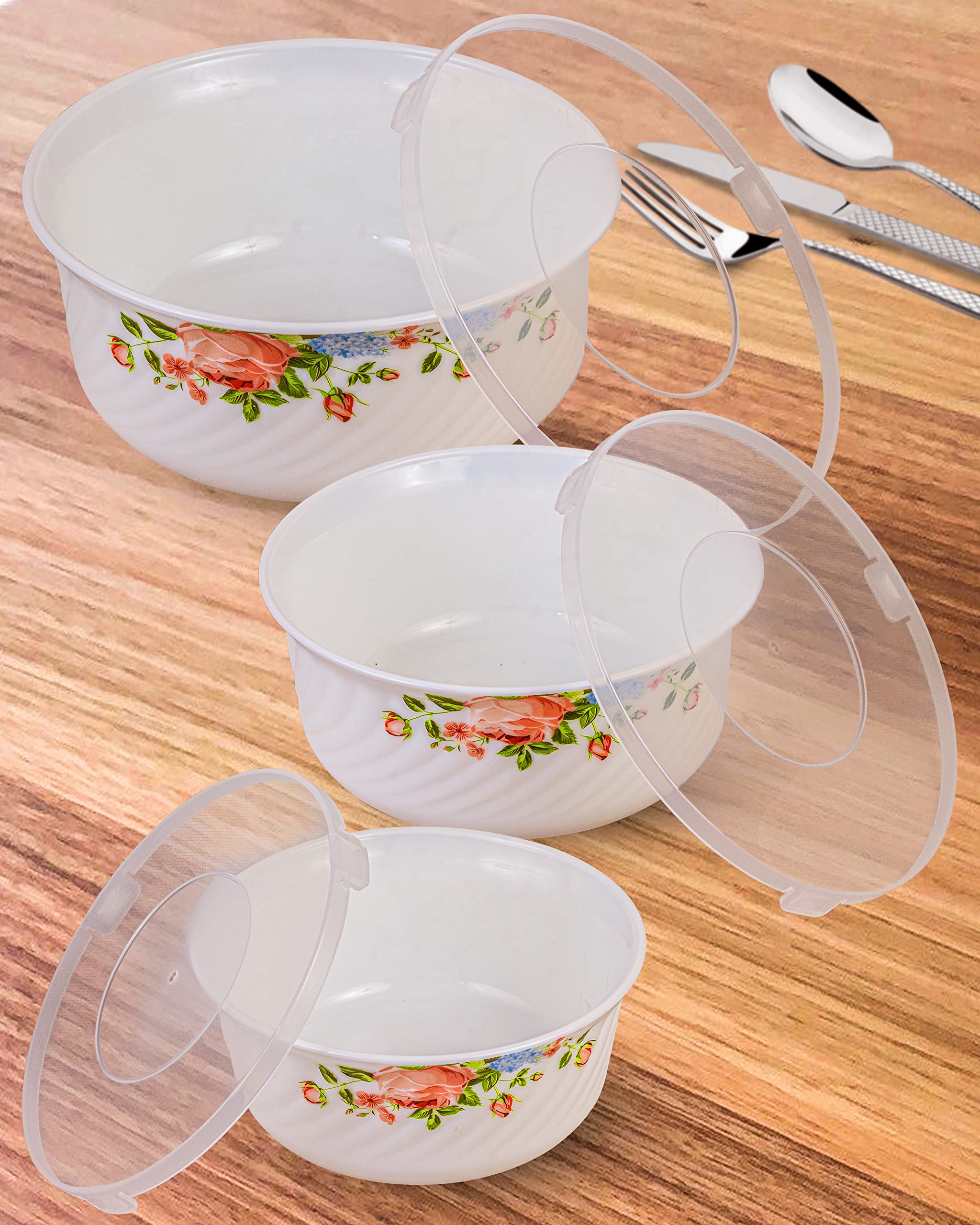 WEIRD WOLF Addox Series Serving Bowl Set, 3 Pieces(1500ml, 1000ml, 500ml), Microwave Safe, Heat and Break Resistant with Plastic Lids, Floral Green