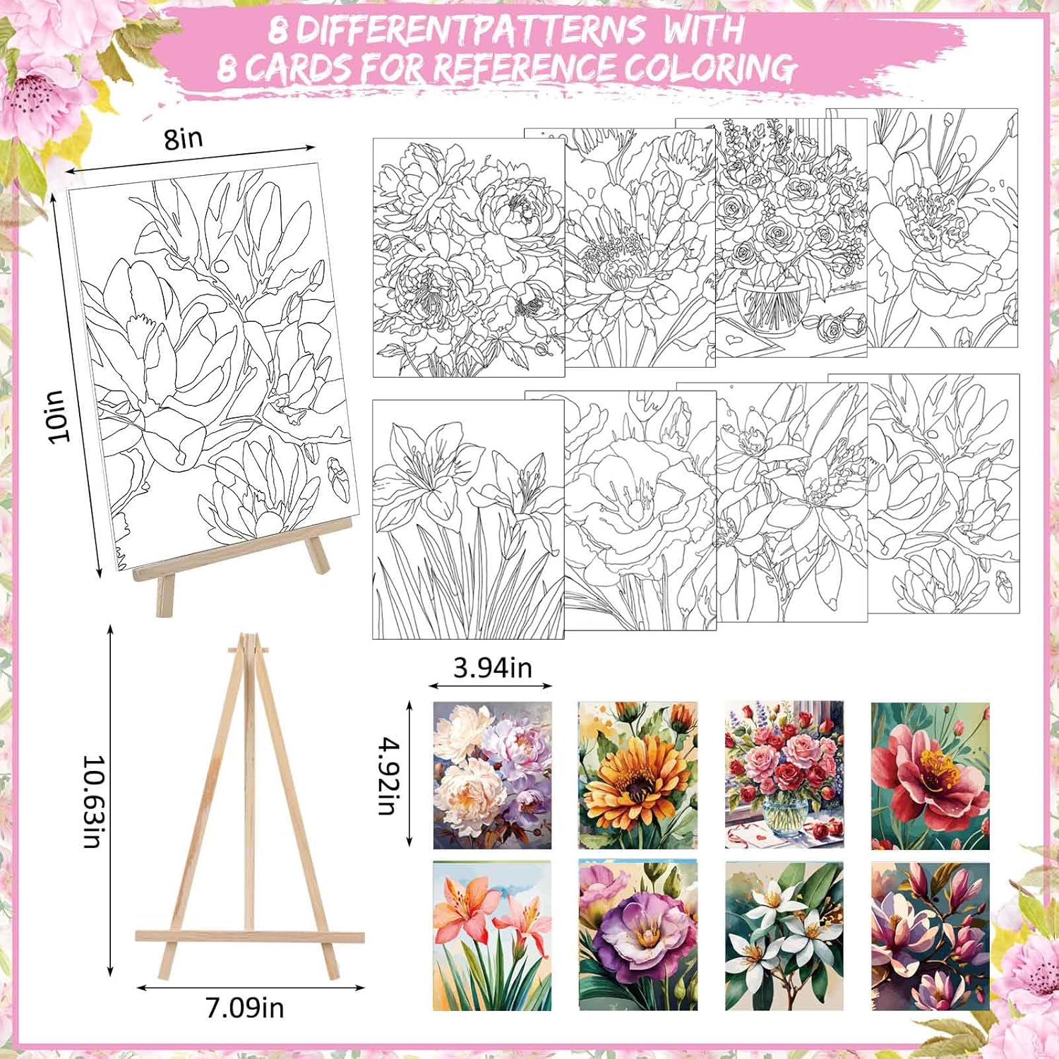 Tenceur 72 Pieces Pre Drawn Canvas Kit 8" x 10" Paint and Sip Kit for Adults DIY Painting Party Pre Printed Stenciled Canvas with Design Easels Aprons Brushes for Party Gifts(Flowers)