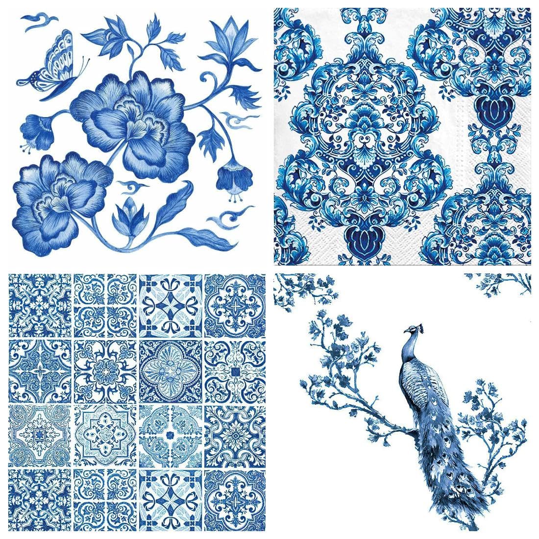 The Tissue Store Decoupage Paper Napkin for Craft 4 Sheets - Floral 27 Blue and White