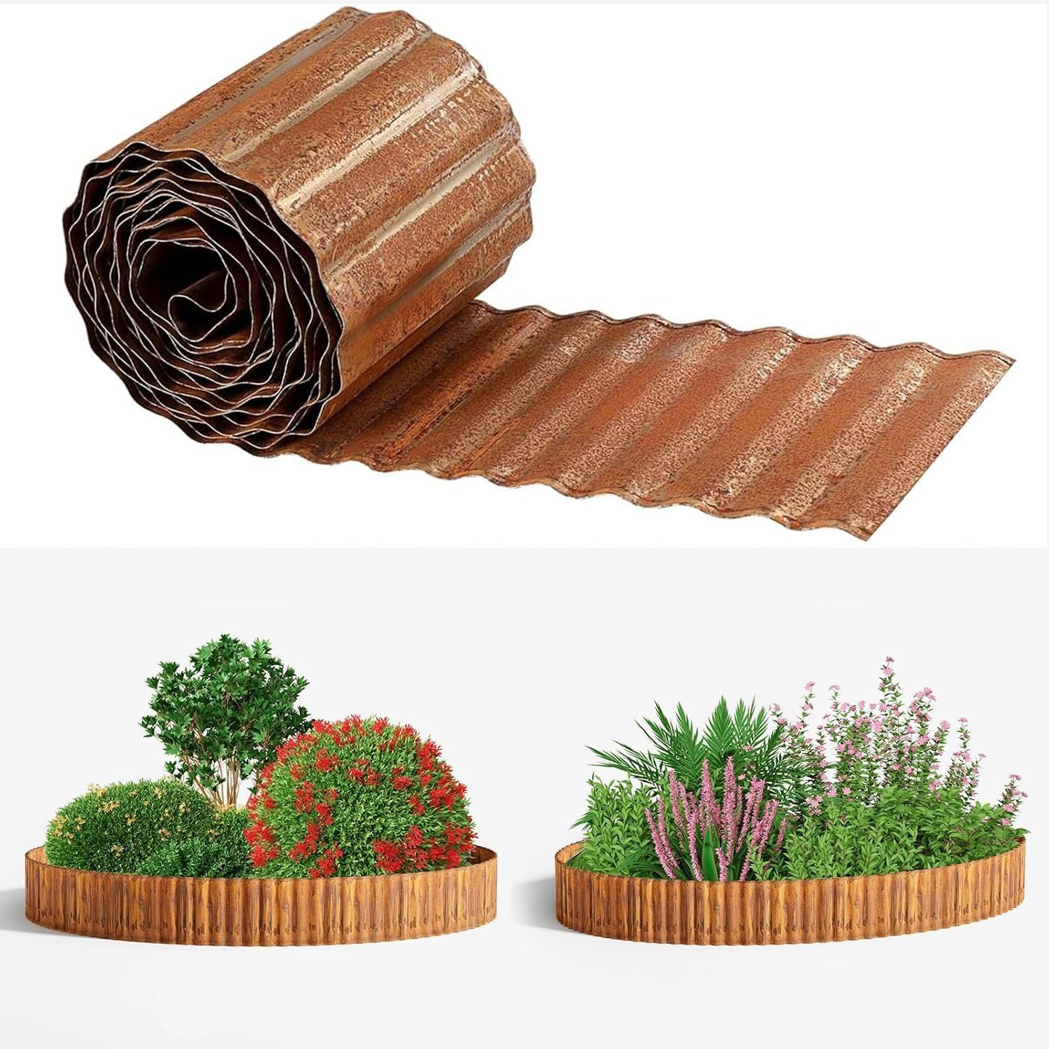 Metal Garden Edging Border 3m (9.85ft) Roll, Pre-Rusted Metal Garden Edging 15.3 cm High,Flexible DIY Flower Bed Edging, Garden Plant Border,Easy to install Garden Edge Border (Rust)