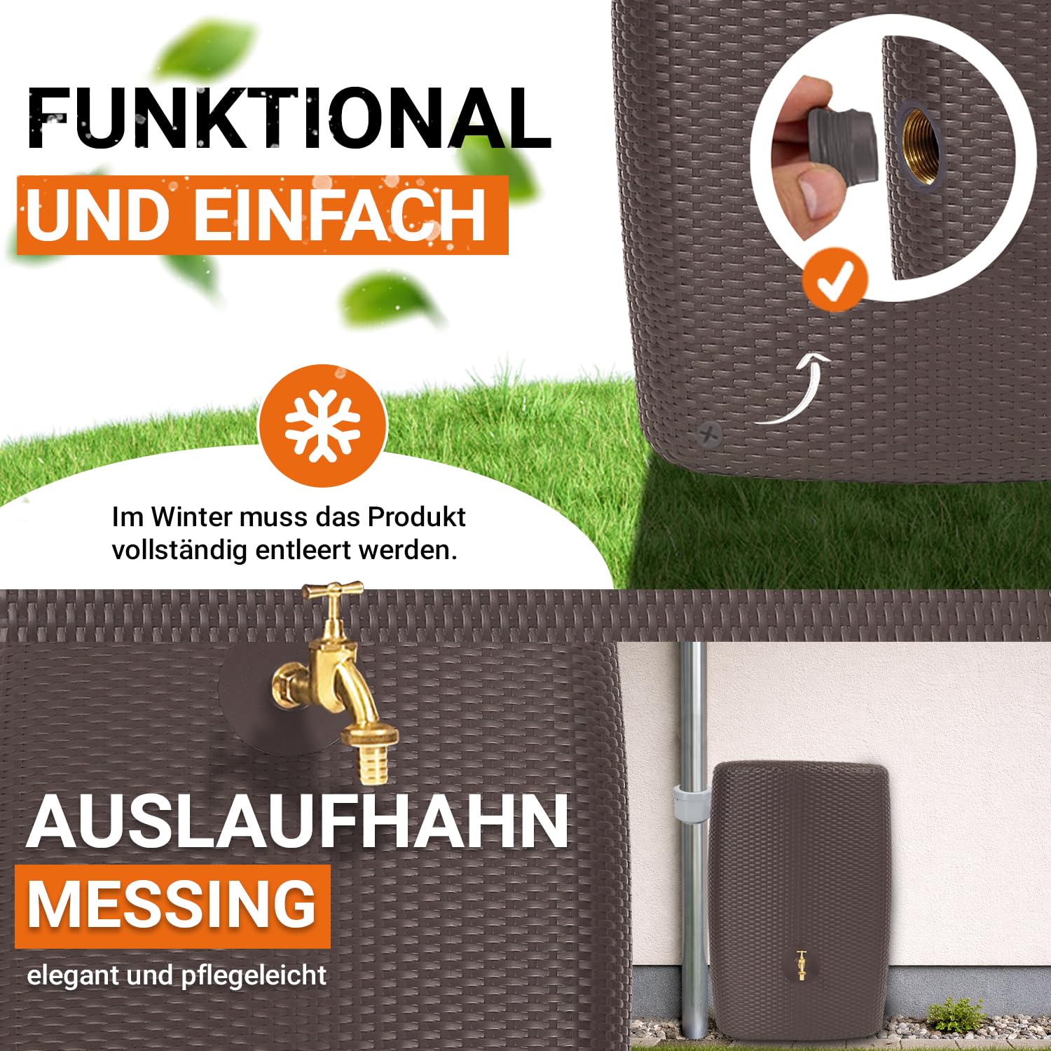 GARANTIA SUNDA Regentonne Komplett-Set 300 Liter Mocca | inkl. Messing-Auslaufhahn und Fallrohranschluss Wandtank, Wassertank, Regenwassertonne, Regenwassertank, Wasserbehälter