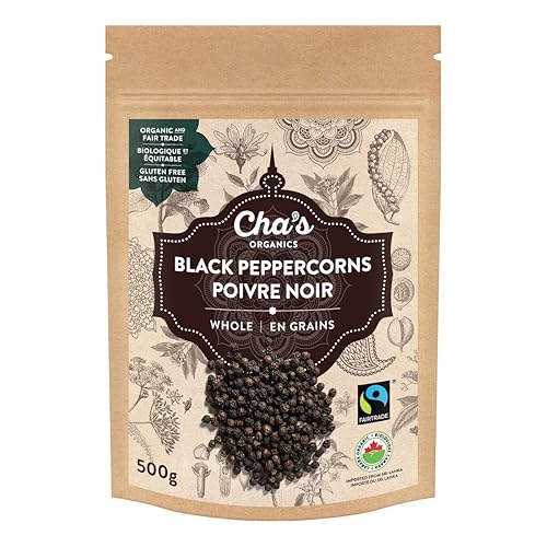 Cha's Organics Peppercorns puros orgánicos Cornés de pimienta negra picante y deliciosa, sabor exótico intenso y alto contenido de piperina para