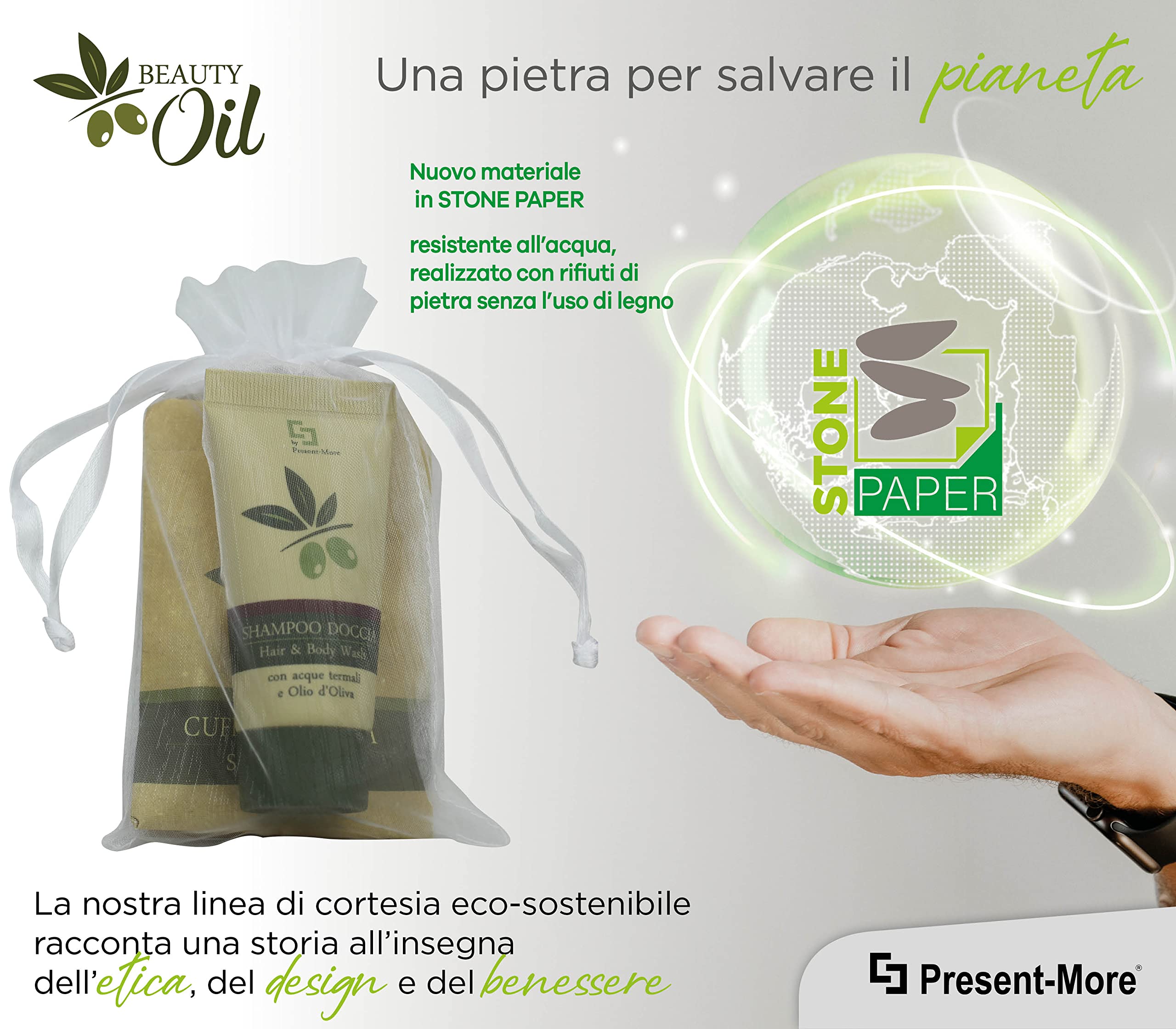 PRESENT-MORE - Set Cortesia 15 Ospiti Beauty Oil - Fragranza Tahitian - Contiene: Shampoo Doccia, Sapone e Cuffia - Made in Italy - Per Hotel e B&B