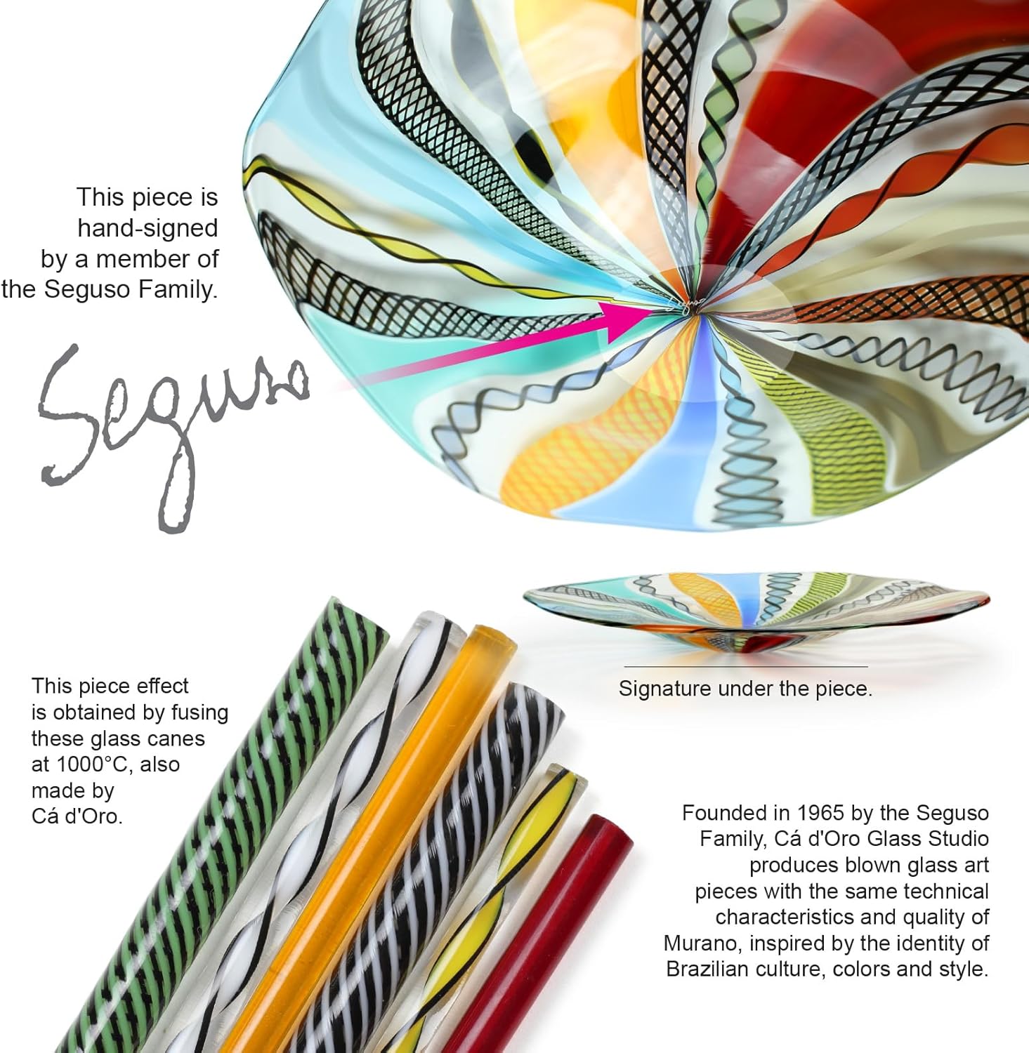 Ca D Oro Centerpiece Large Bowl Boho with Colored Canes Hand Blown Murano-Style Art Glass for Decor and Centerpieces - Center G