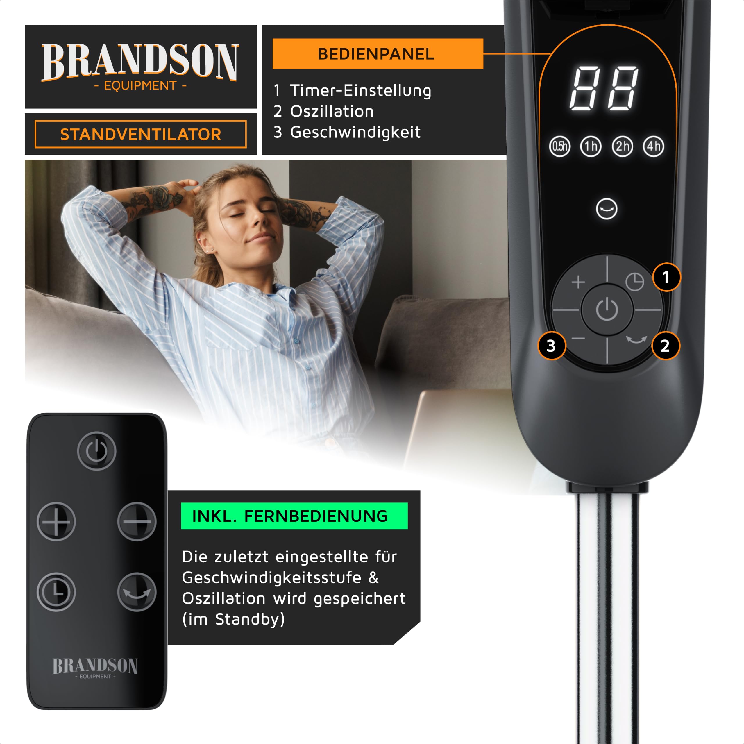 Brandson - Standventilator DC Silent mit Fernbedienung + Display - mobiler Lüfter leise, 24 Geschwindigkeiten - Oszillation 80° - Ventilator energiesparend