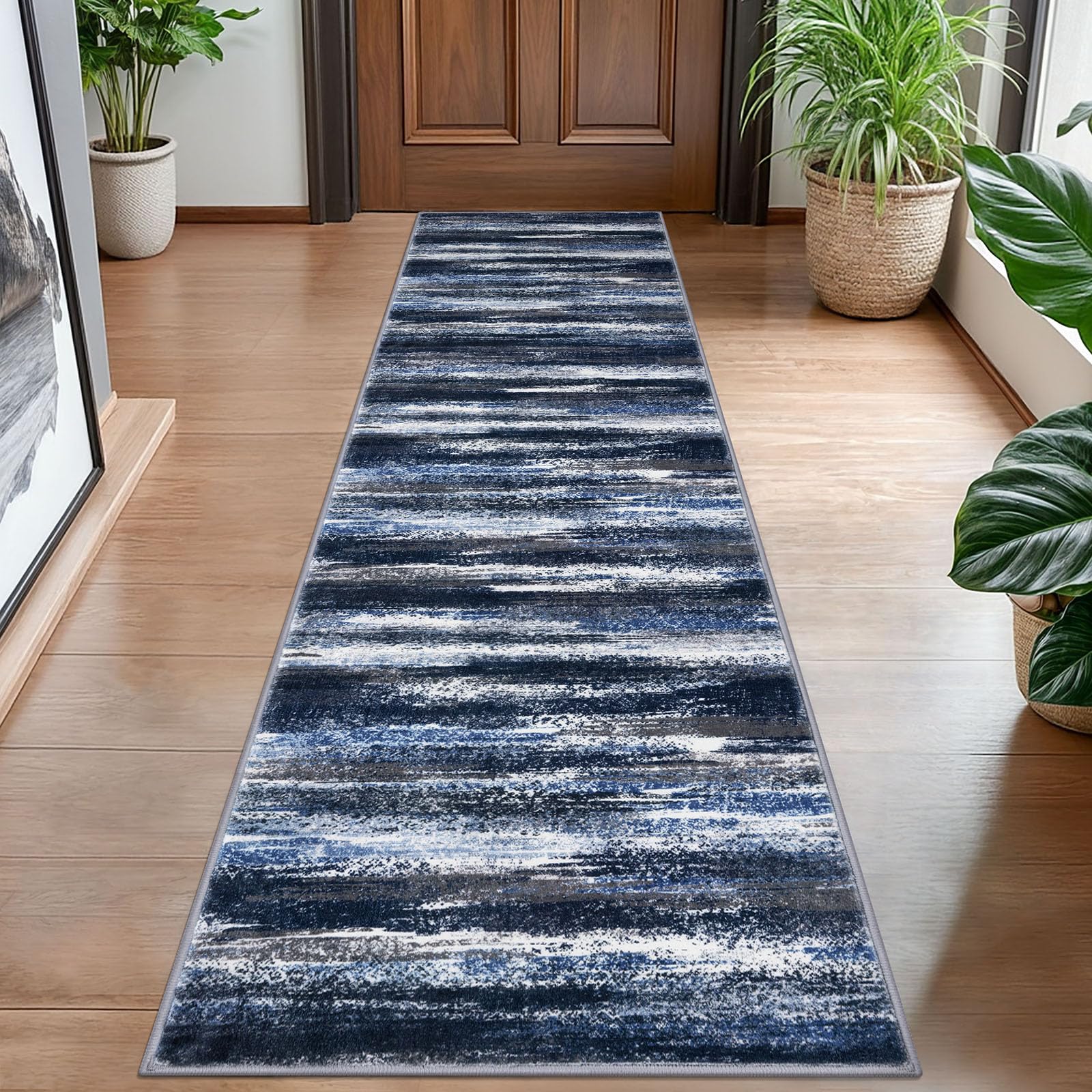 Lansny Modern Abstract Hallway Runner Rug, Navy Blue Washable Kitchen Runner Non-Slip Soft 2x8 Runner Rug Thin Print Faux Wool Carpet for Entryway