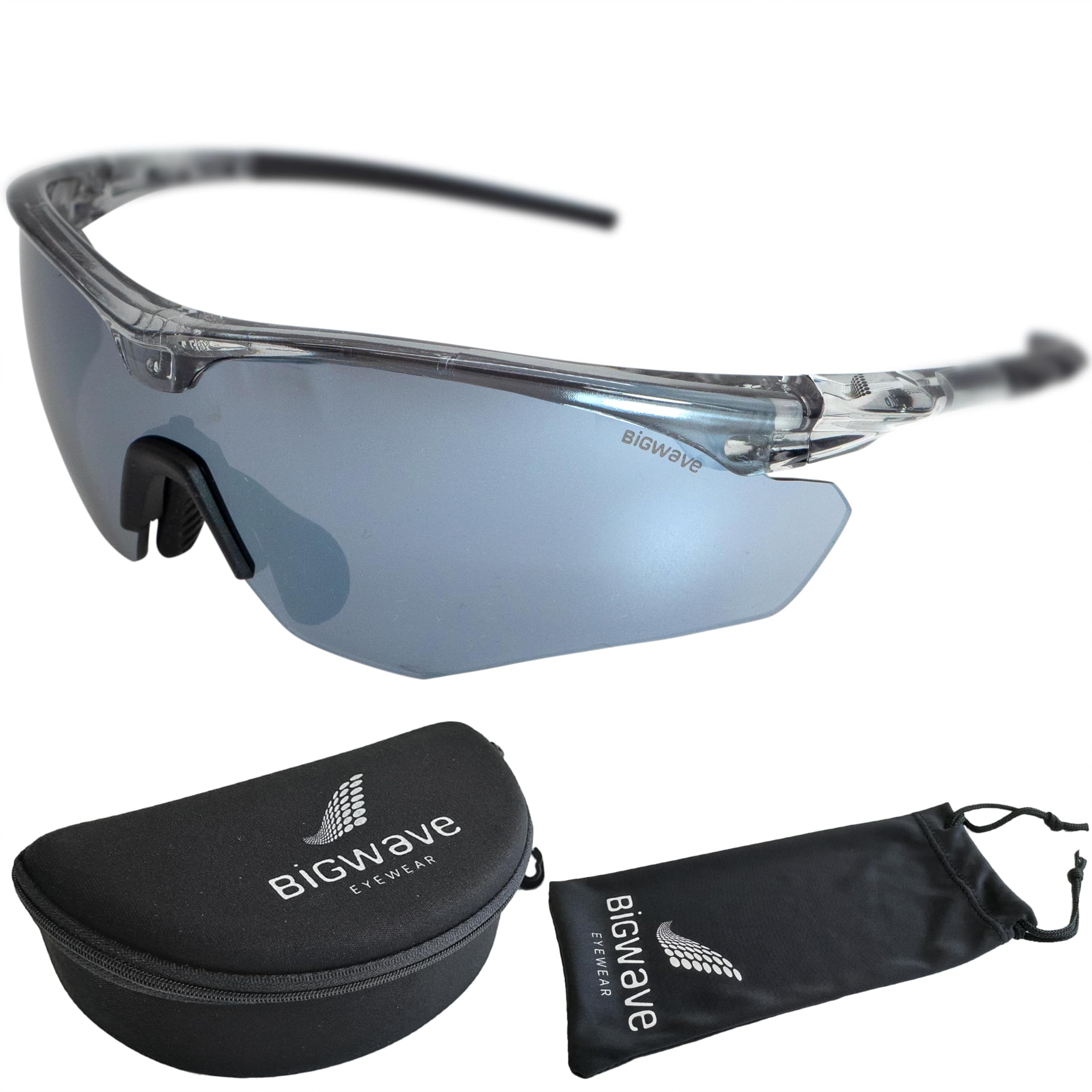 BIGWAVE Pro-Action 908 okulary sportowe z odpornego na pęknięcia grilamidu TR90 z wymienną szybką, szybkie okulary z powłoką zapobiegającą zaparowaniu UV400 z czarną ramką, lustrzane w kolorze