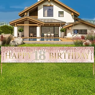 Happy 18th Birthday Banner Decorations for Girls, Pink Rose Gold Happy 18 Birthday Yard Banner Sign Party Supplies, Large Eighteen Years Old Birthday Décor for Outdoor Indoor(9.8x1.6ft)